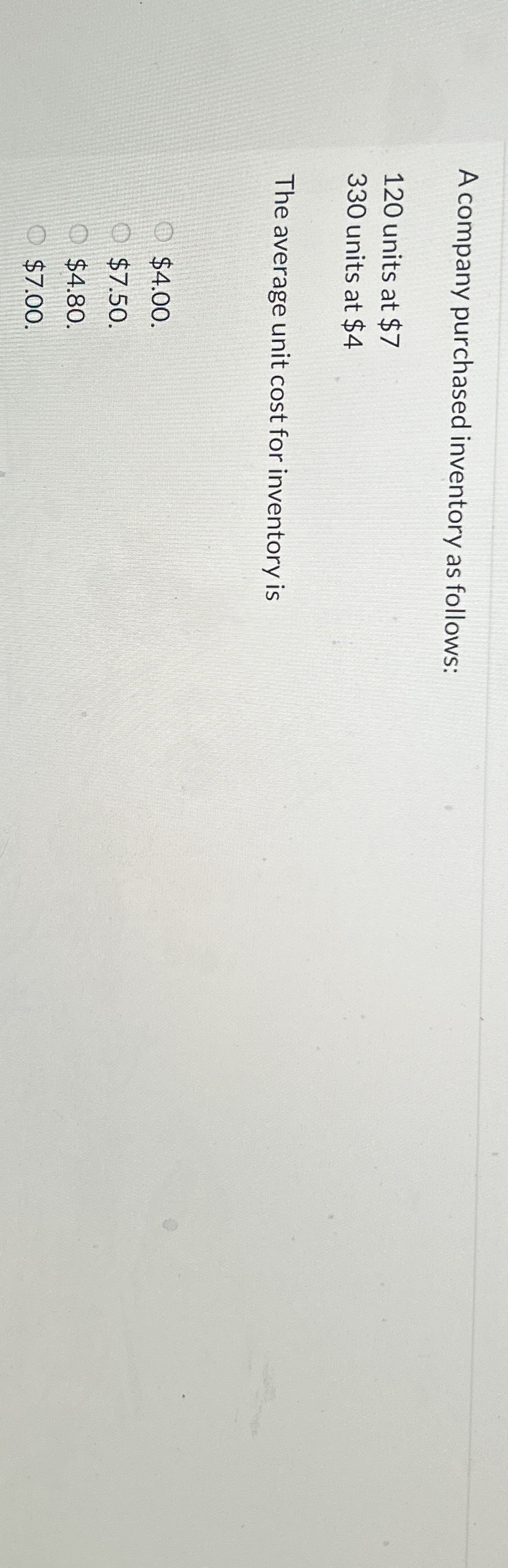 A company purchased inventory as follows: 1 2 0