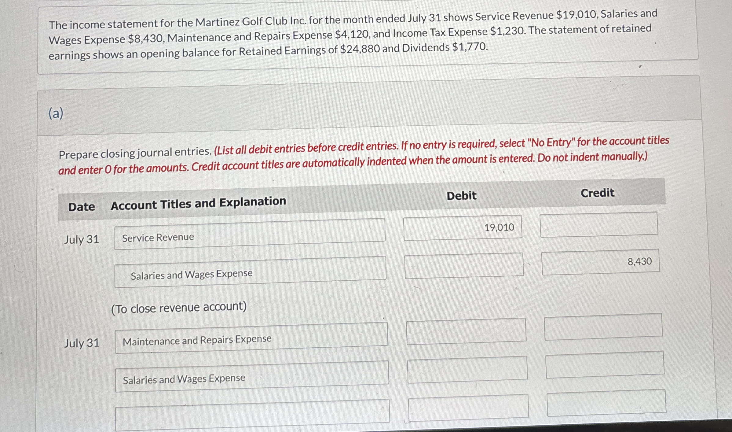 The income statement for the Martinez Golf Club