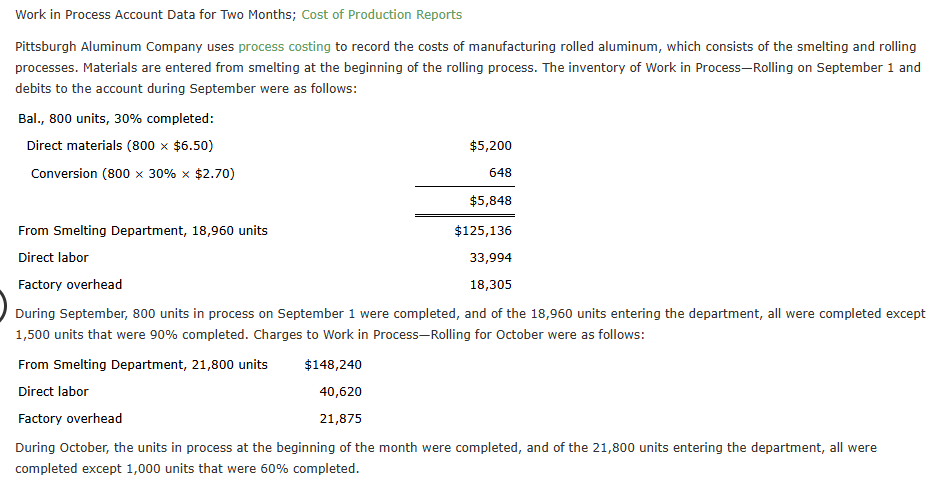 Work in Process Account Data for Two Months; Cost