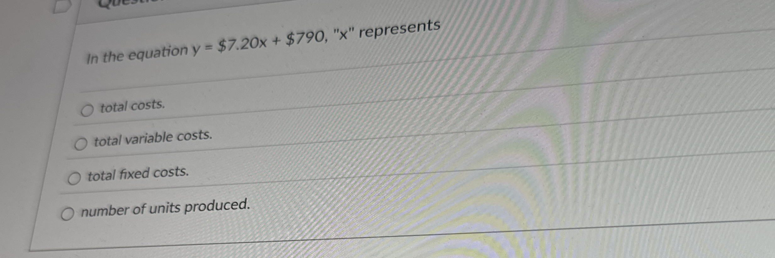 In the equation y = $ 7 . 2 0 x + $ 7 9 0 , " x "