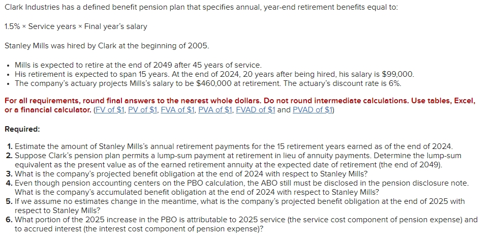 Clark Industries has a defined benefit pension