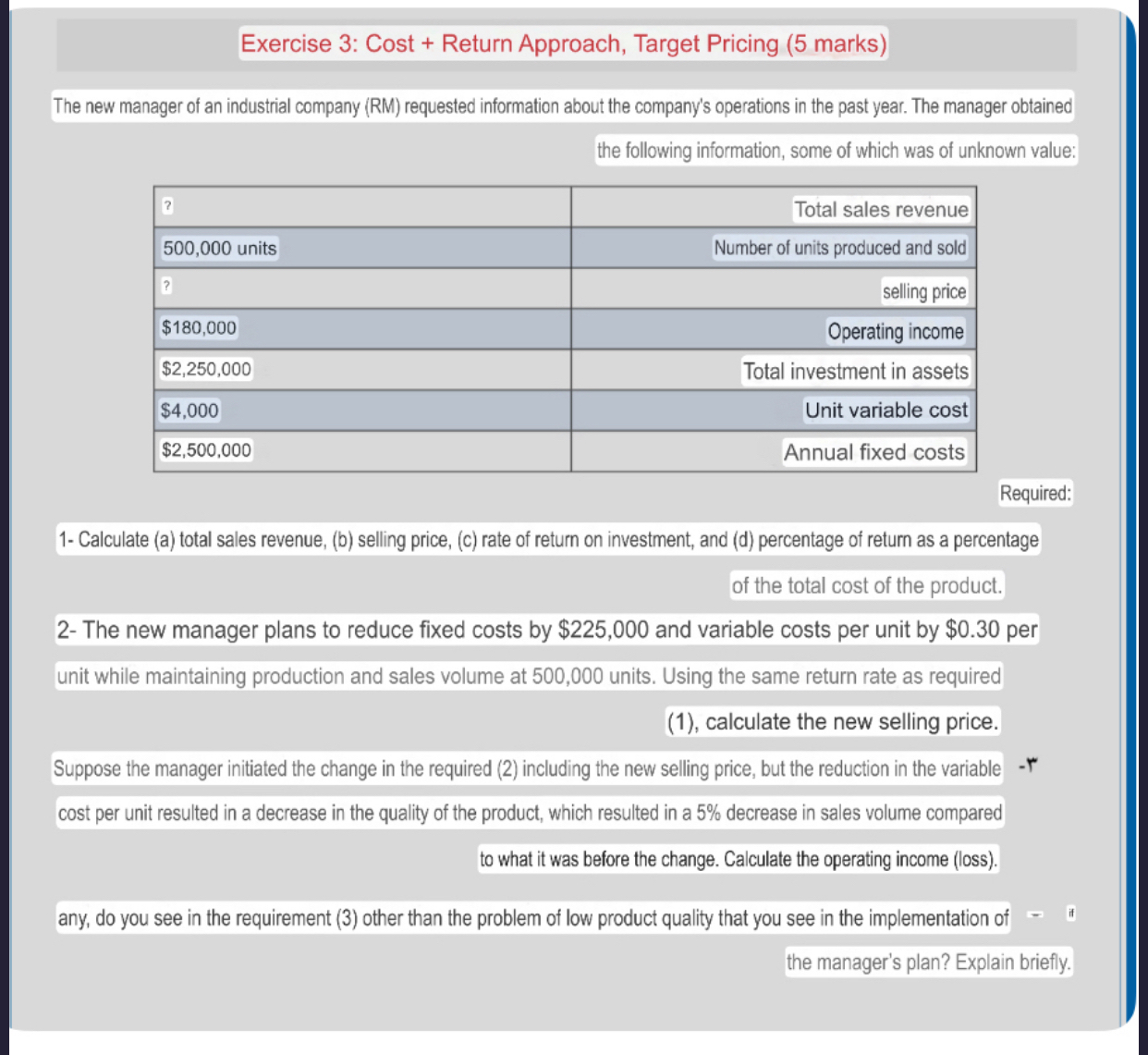 Exercise 3 : Cost + Return Approach, Target