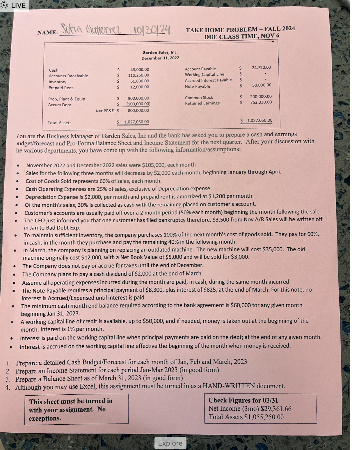 NAME: TAKE HOME PROBLEM - FALL 2 0 2 4 DUE CLASS