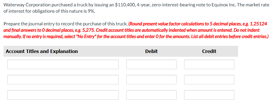 Waterway Corporation purchased a truck by issuing