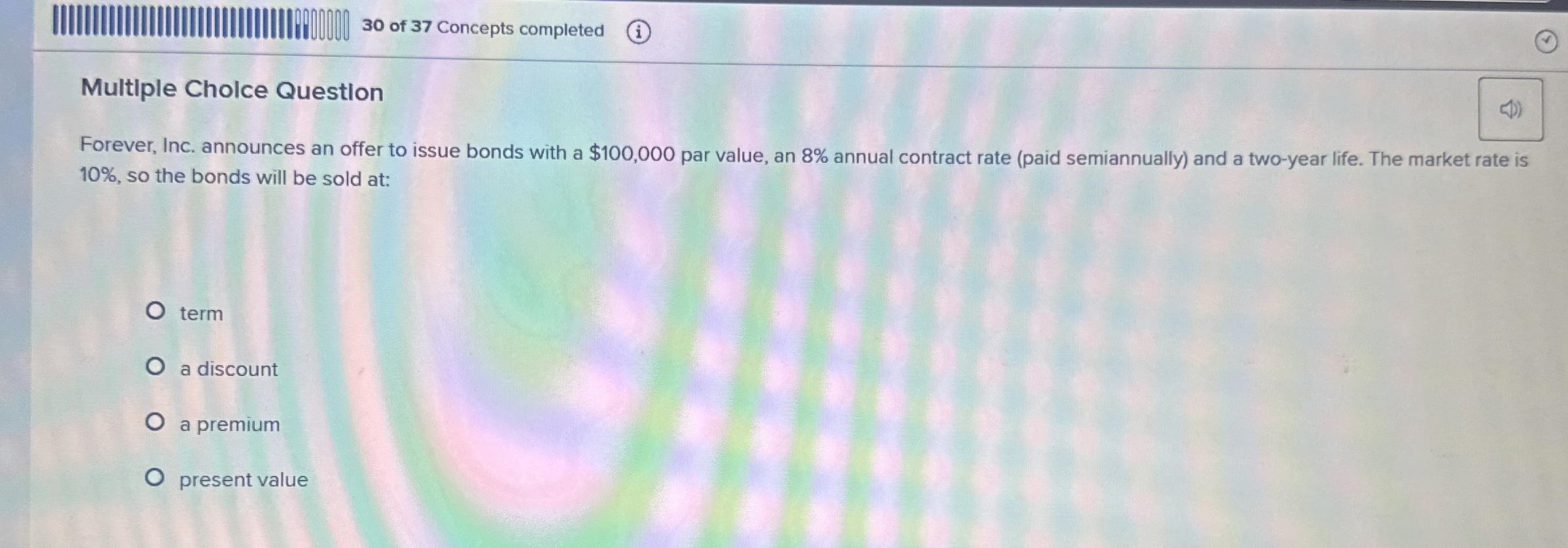 3 0 of 3 7 Concepts completed Multiple Cholce