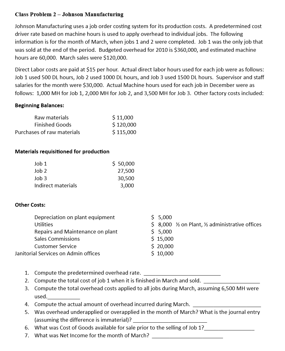 Class Problem 2 - Johnson Manufacturing Johnson