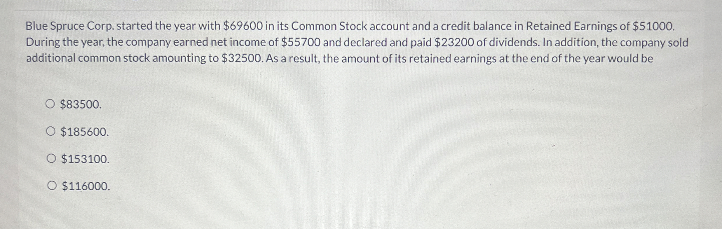 Blue Spruce Corp. started the year with $ 6 9 6 0