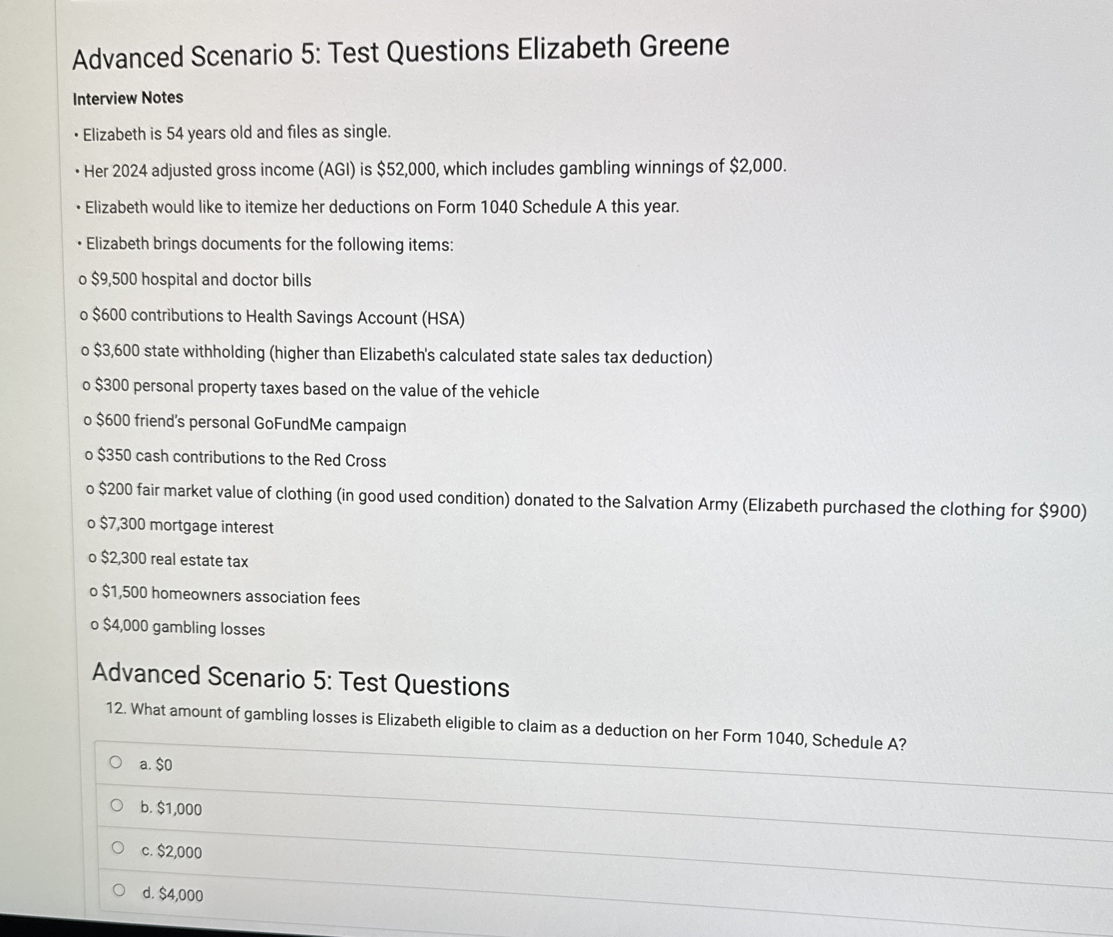 Advanced Scenario 5 : Test Questions Elizabeth
