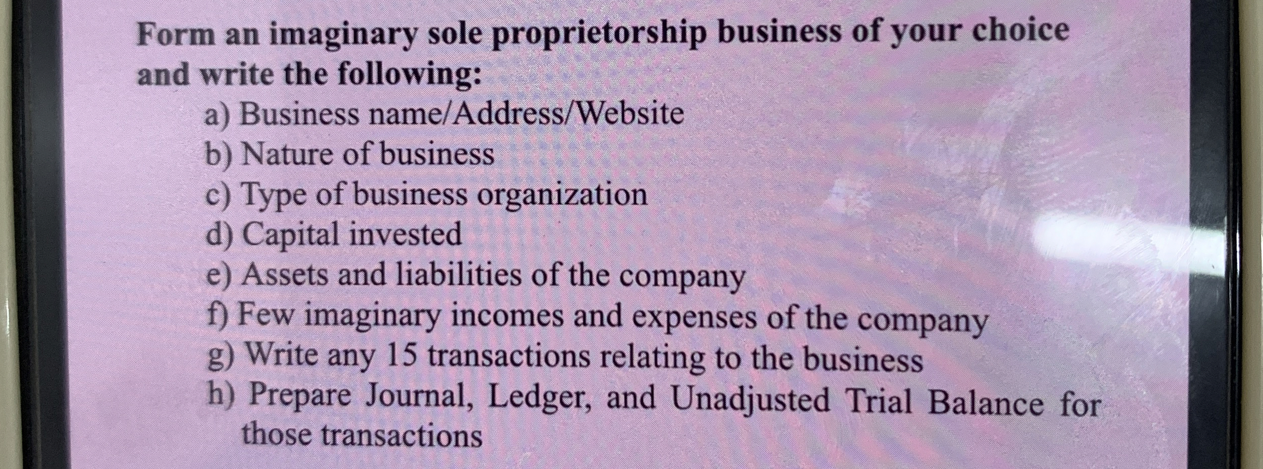 Form an imaginary sole proprietorship business of