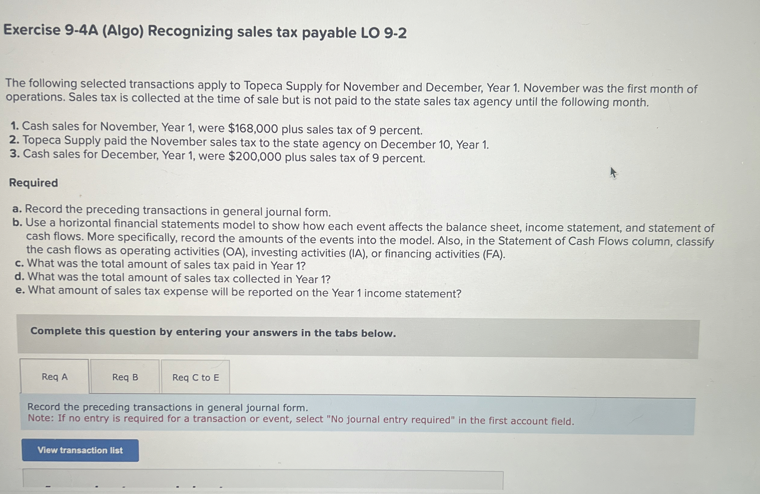Exercise 9 - 4 A ( Algo ) Recognizing sales tax