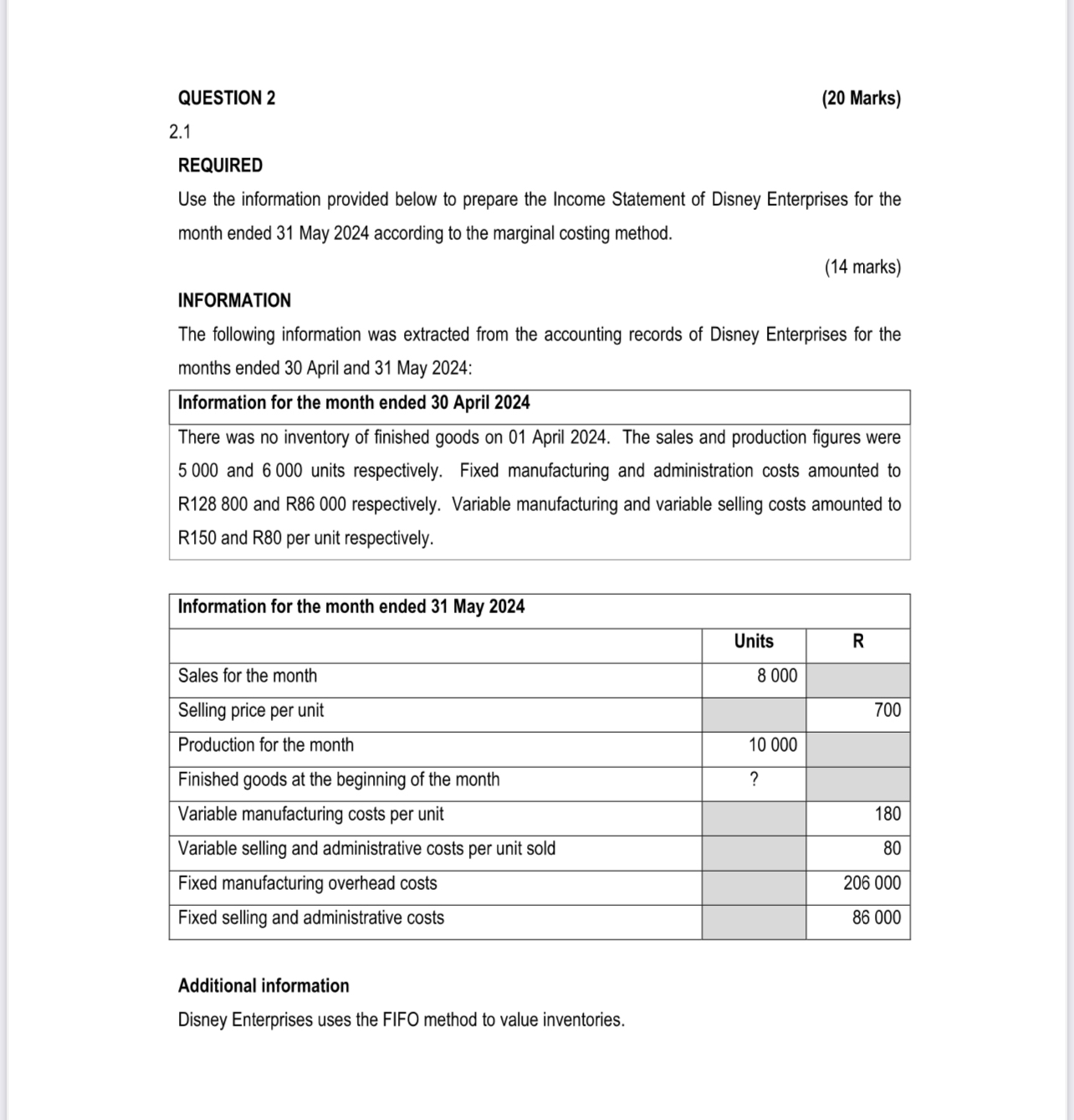 QUESTION 2 ( 2 0 Marks ) 2 . 1 REQUIRED Use the