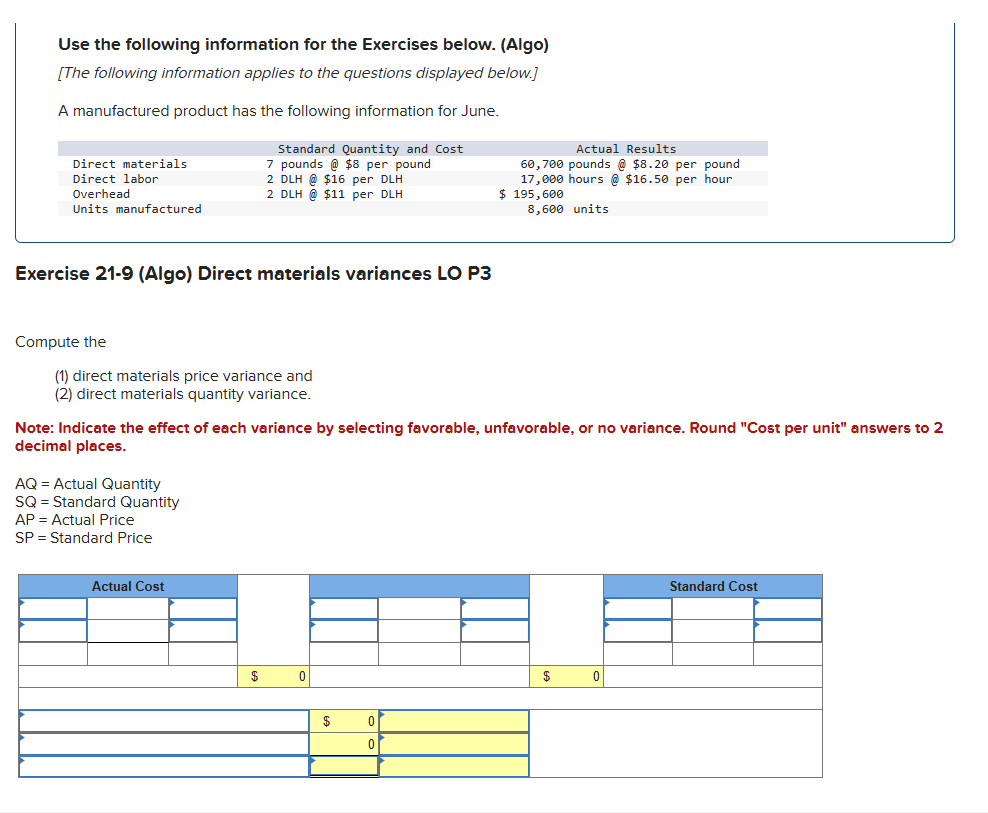 Exercise 2 1 - 9 ( Algo ) Direct materials