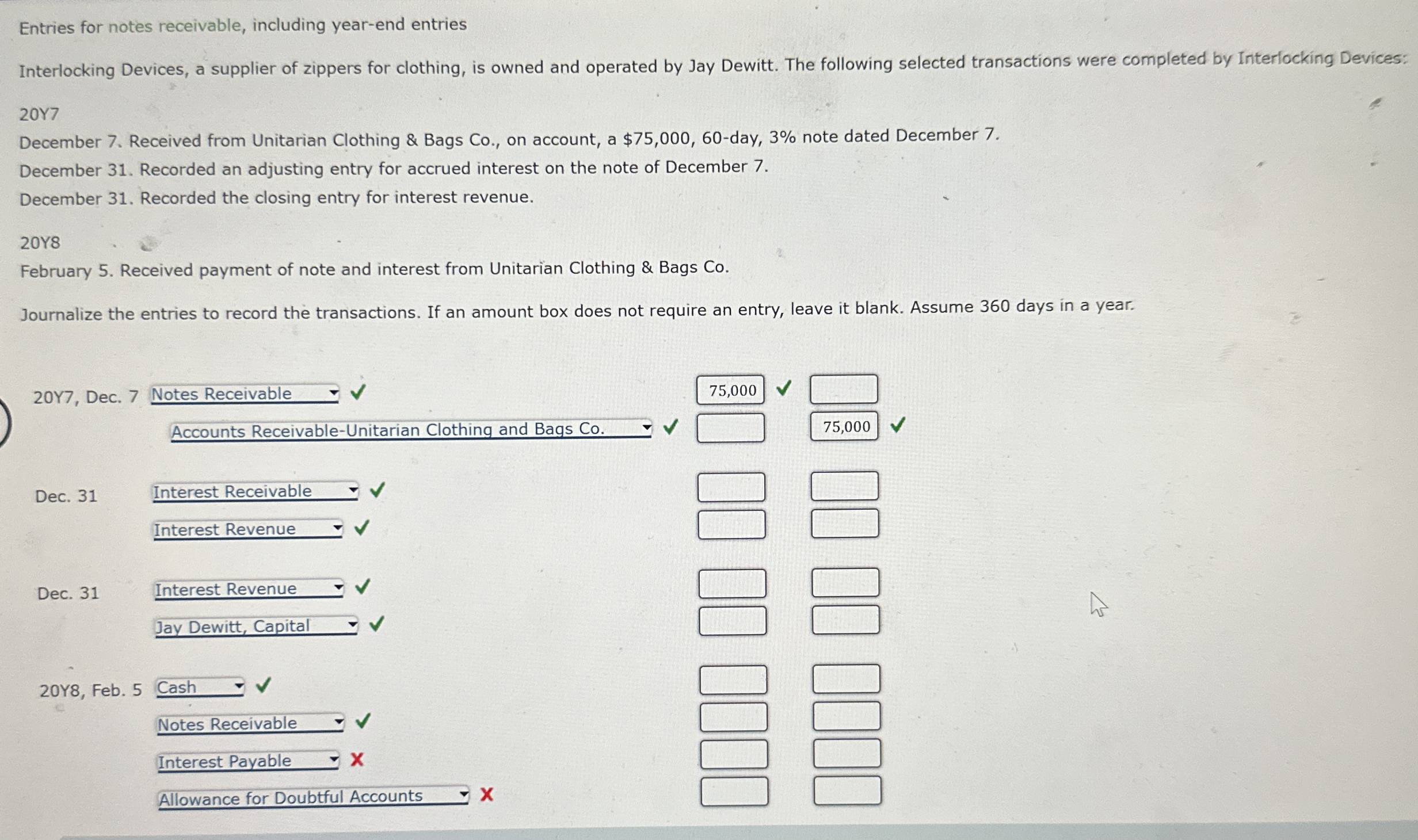 Entries for notes receivable, including year -
