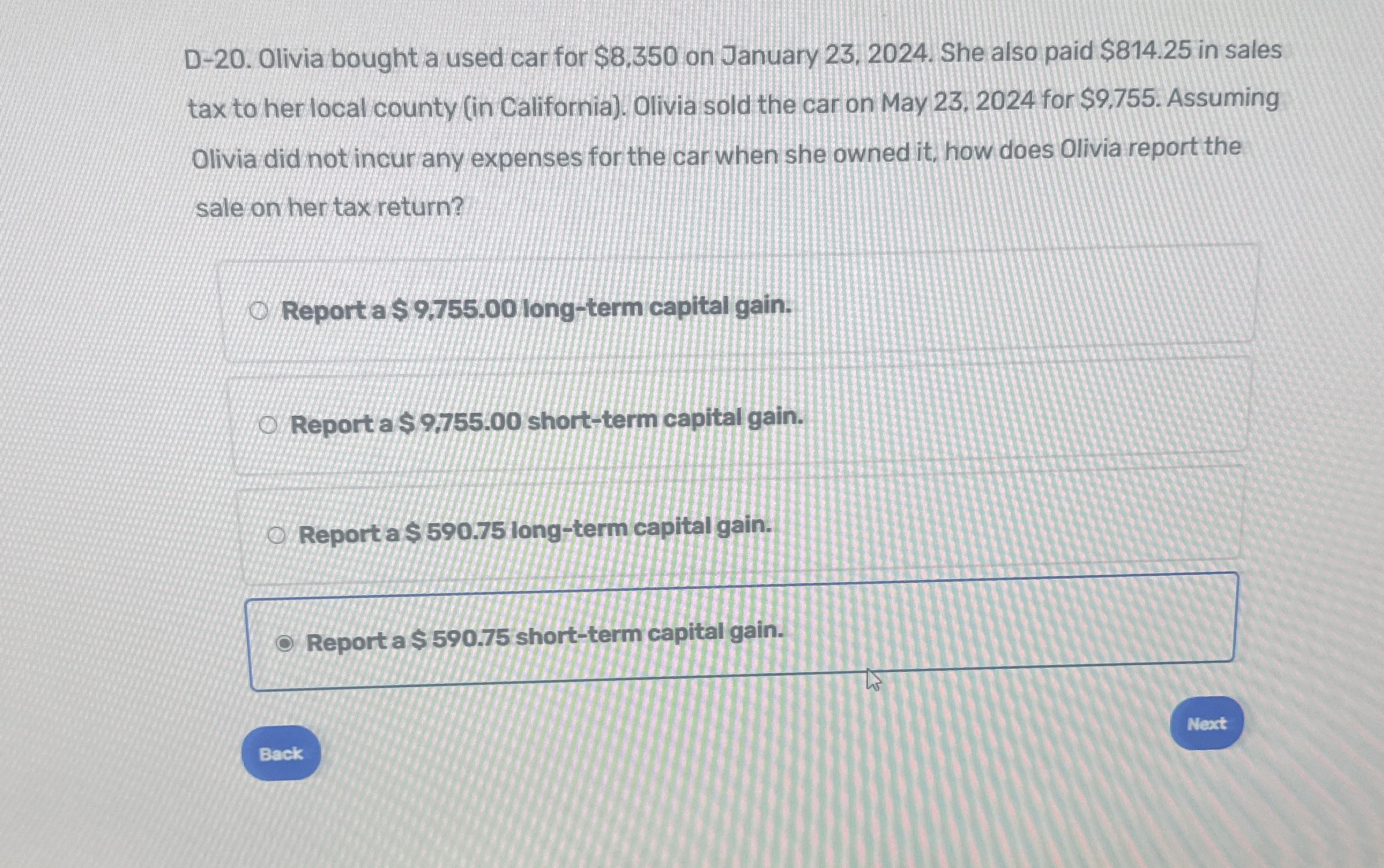 D - 2 0 . Olivia bought a used car for $ 8 . 3 5