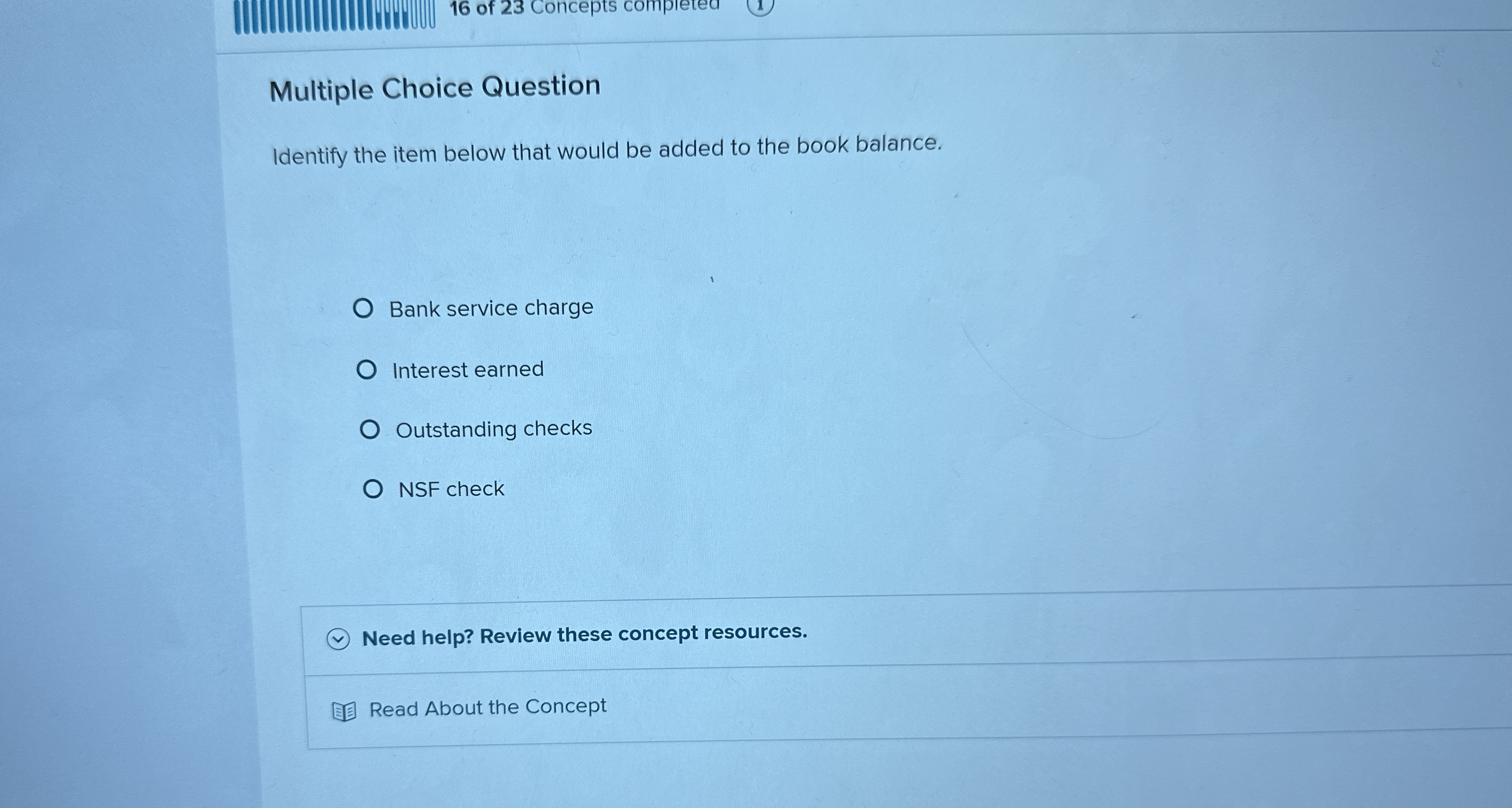 1 6 of 2 3 Concepts compreted Multiple Choice