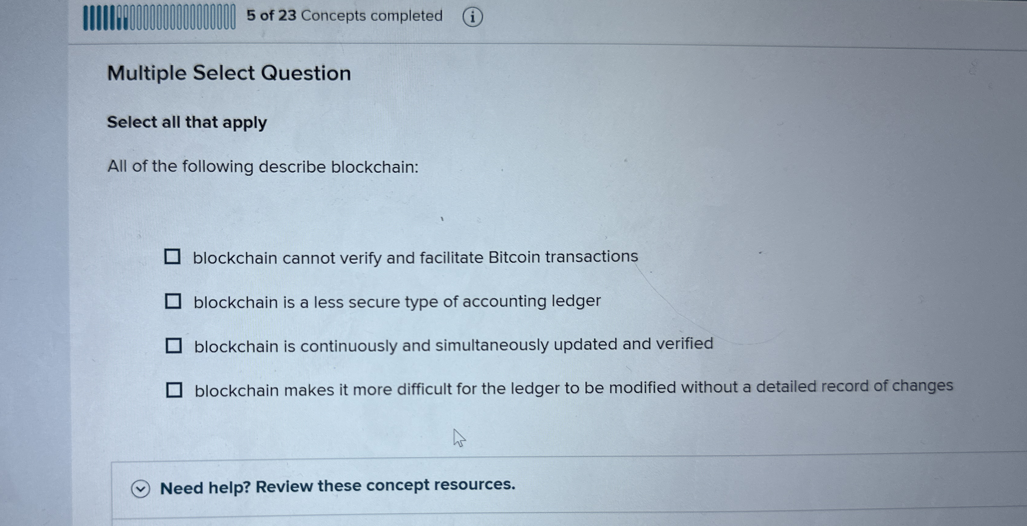 5 of 2 3 Concepts completed Multiple Select