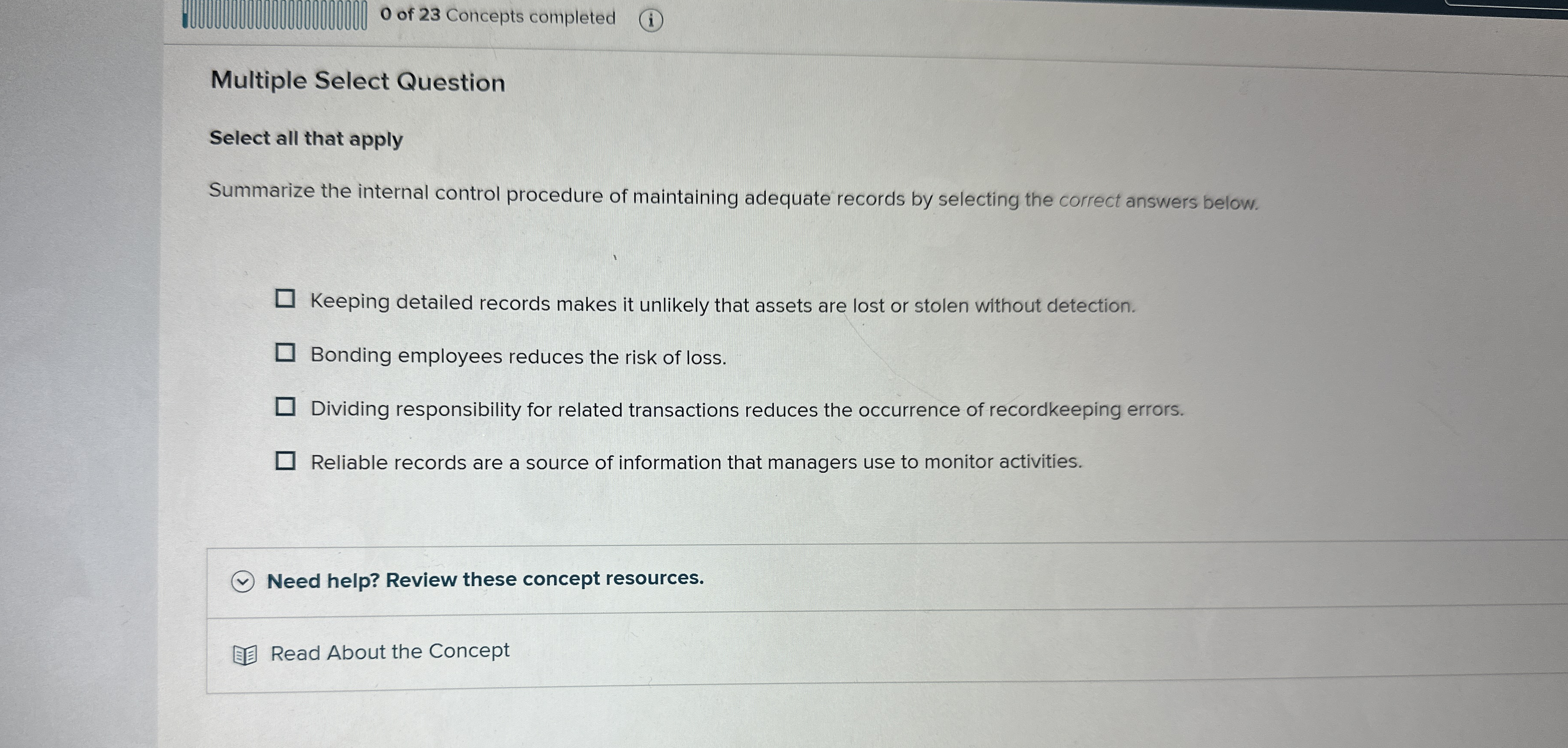 0 of 2 3 Concepts completed Multiple Select