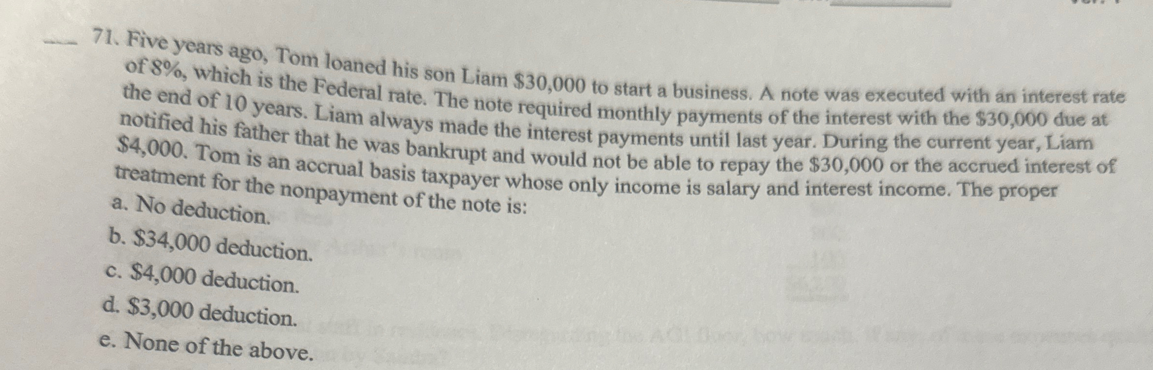 q , 7 1 . Five years ago, Tom loaned his son Liam