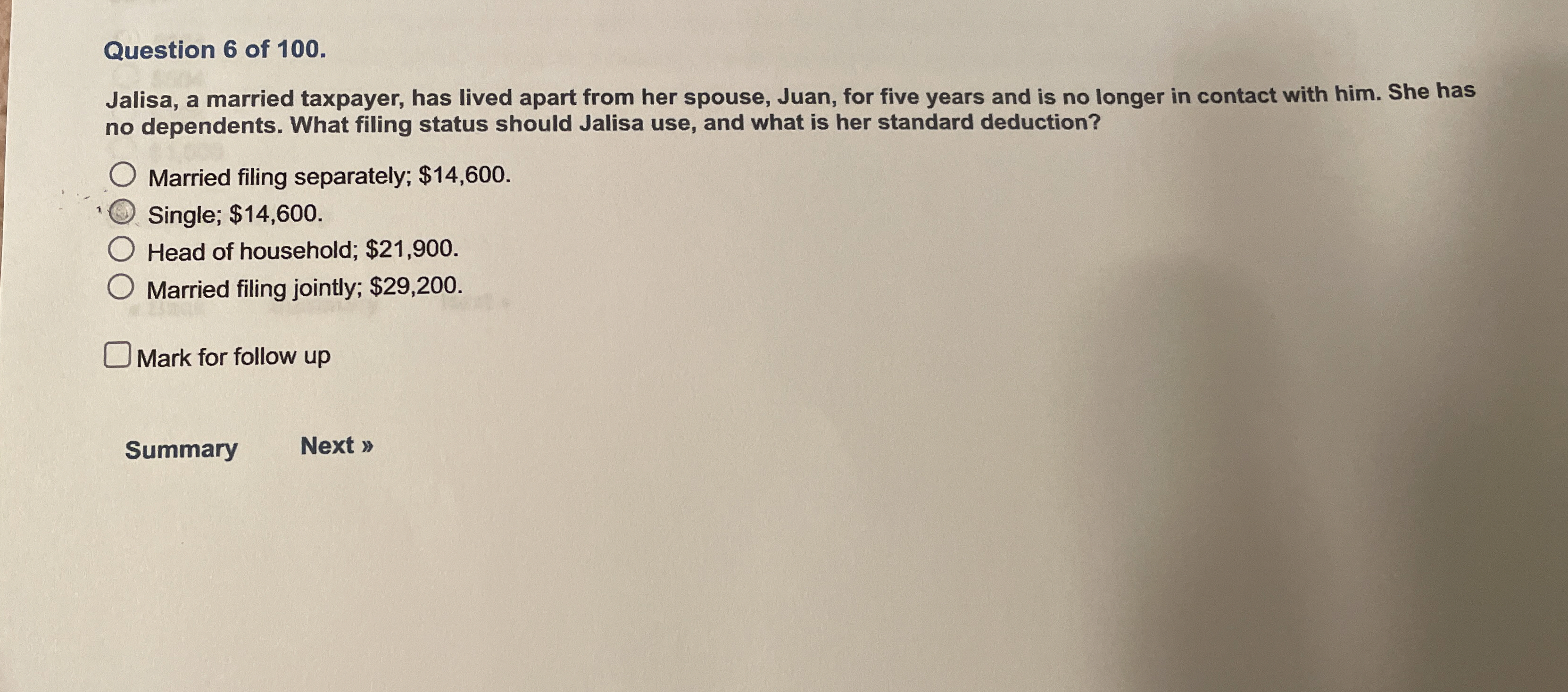 Question 6 of 1 0 0 . Jalisa, a married taxpayer,