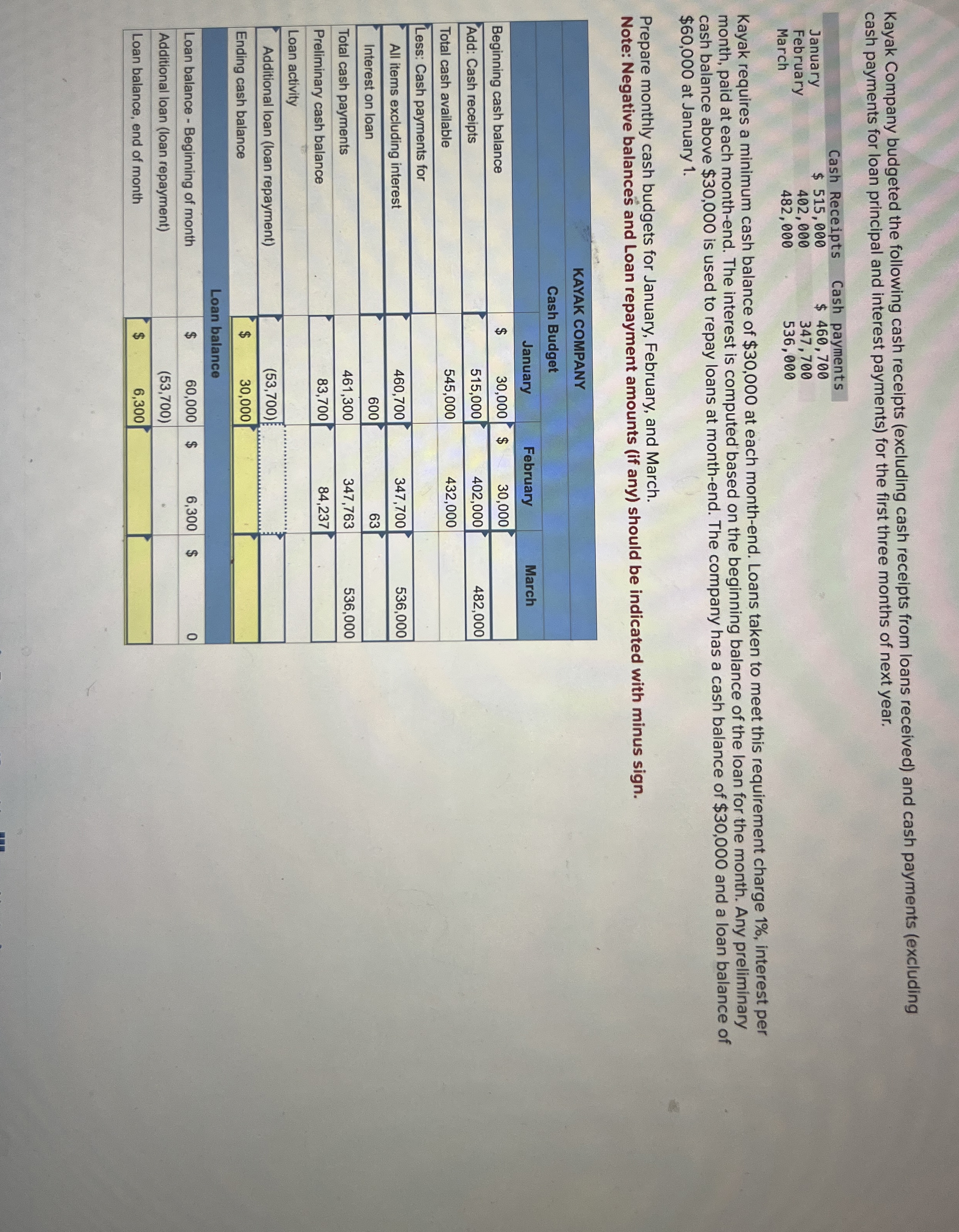 Kayak Company budgeted the following cash