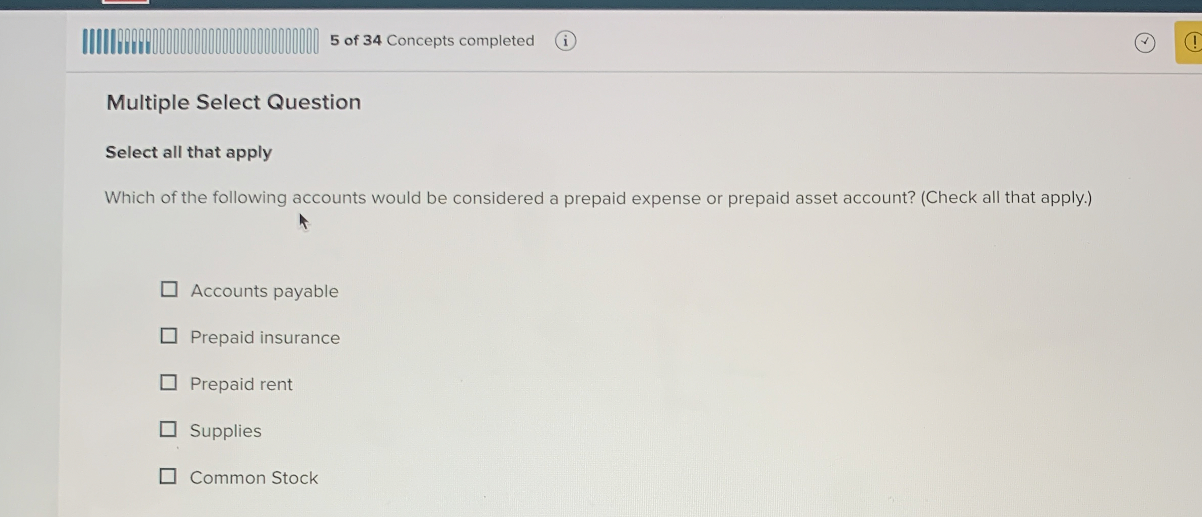 5 of 3 4 Concepts completed Multiple Select