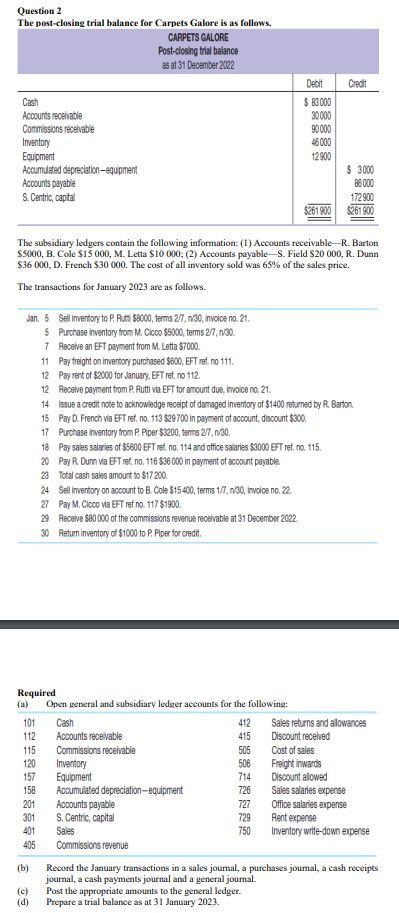Question 2 The post - closing trial balance for