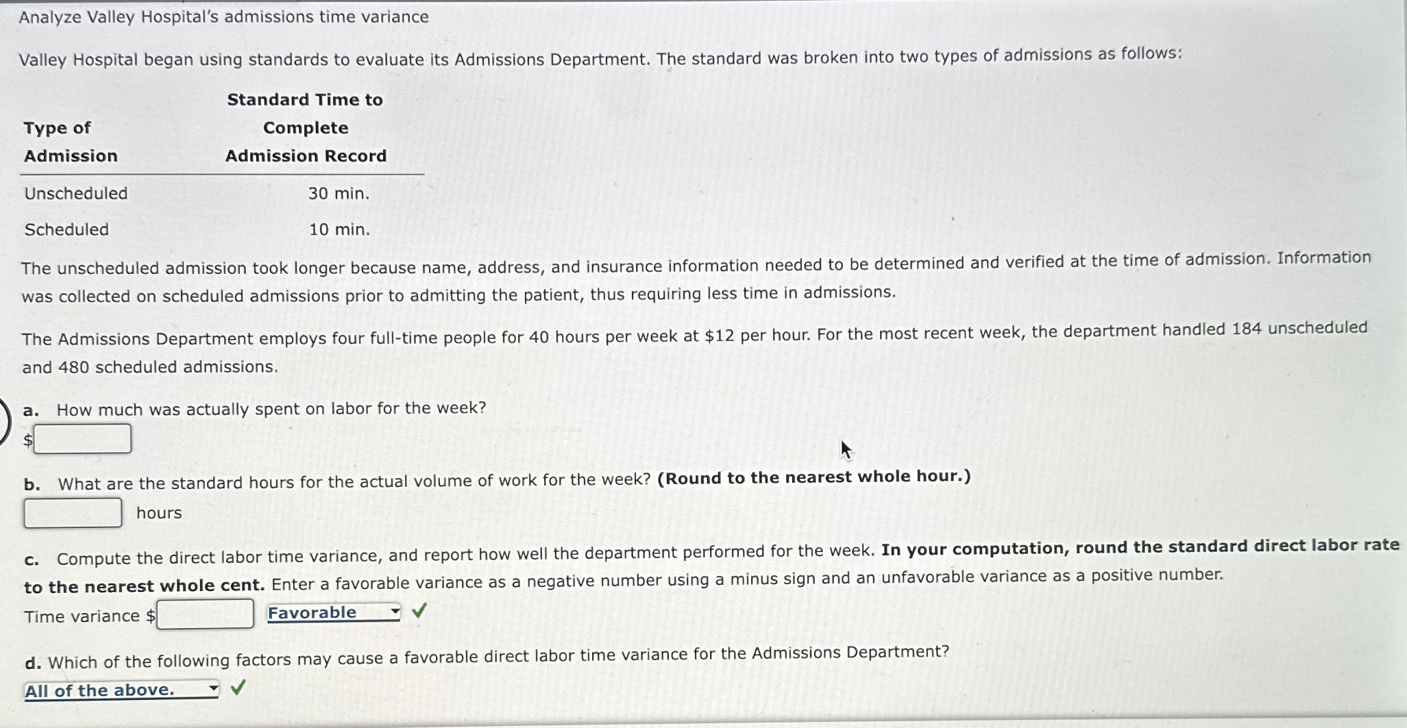 Analyze Valley Hospital's admissions time