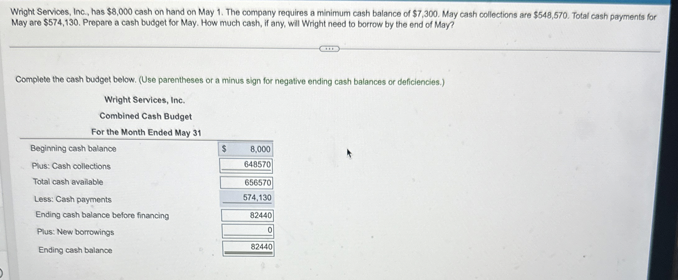 Wright Services, Inc., has $ 8 , 0 0 0 cash on