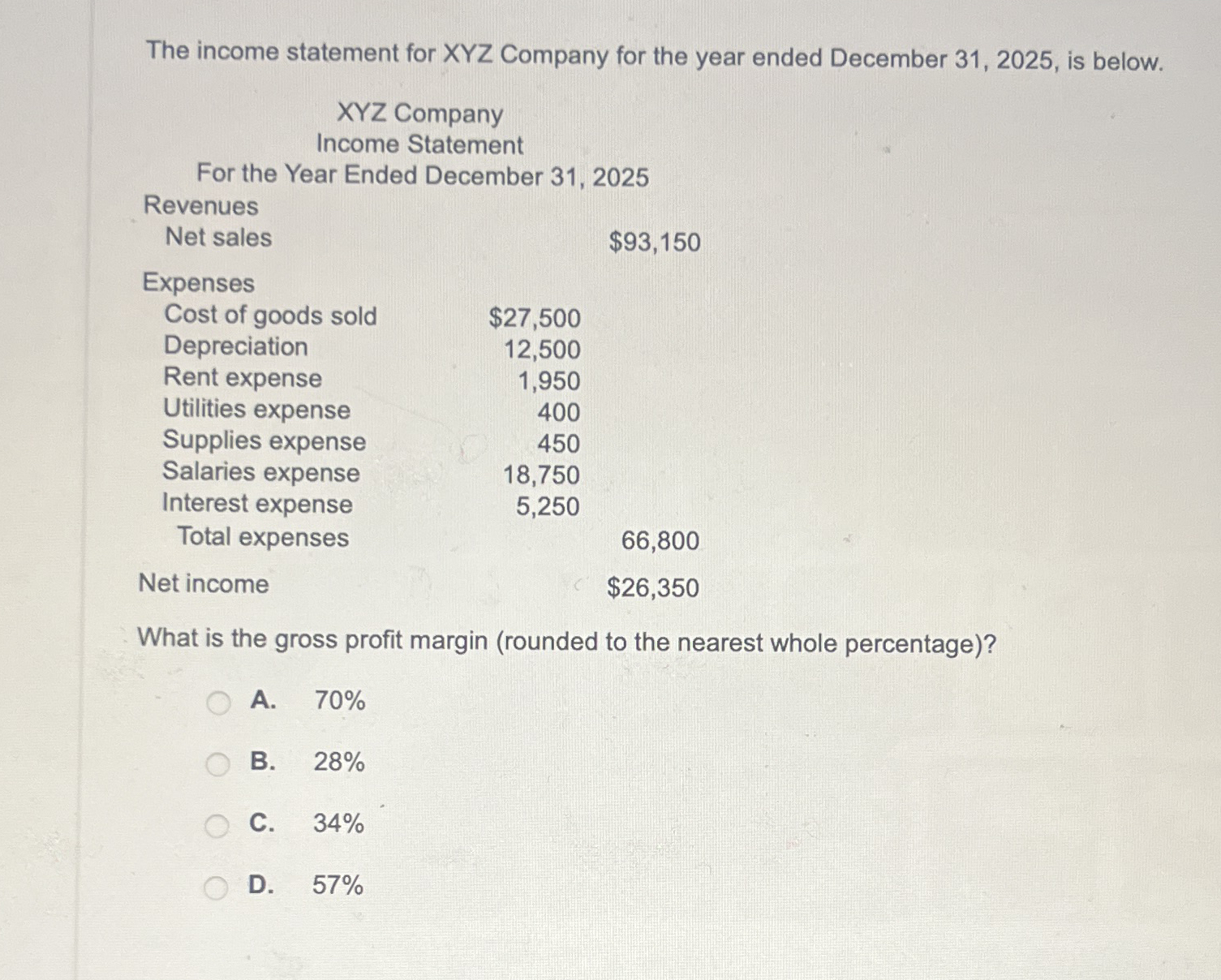 The income statement for XYZ Company for the year