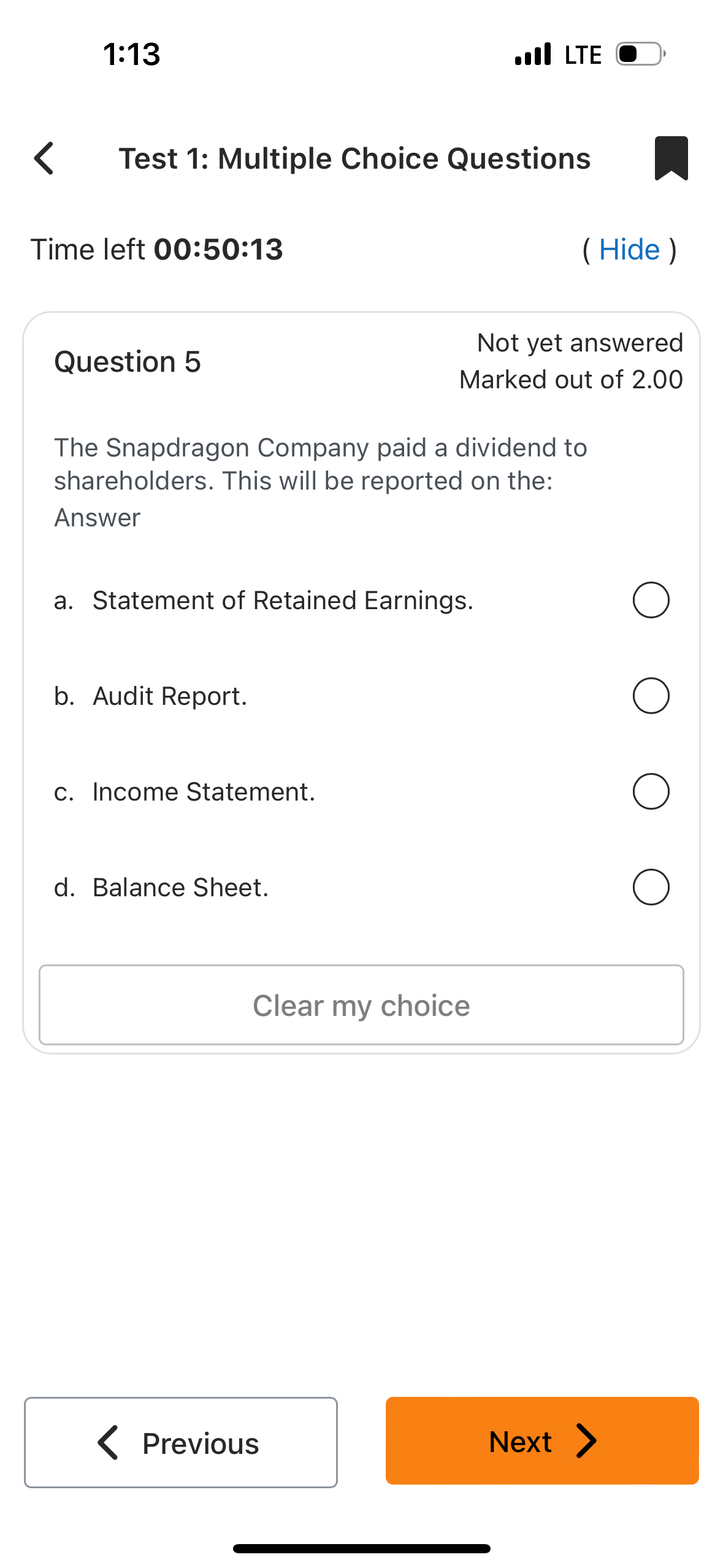 1 : 1 3 LTE . Test 1 : Multiple Choice Questions