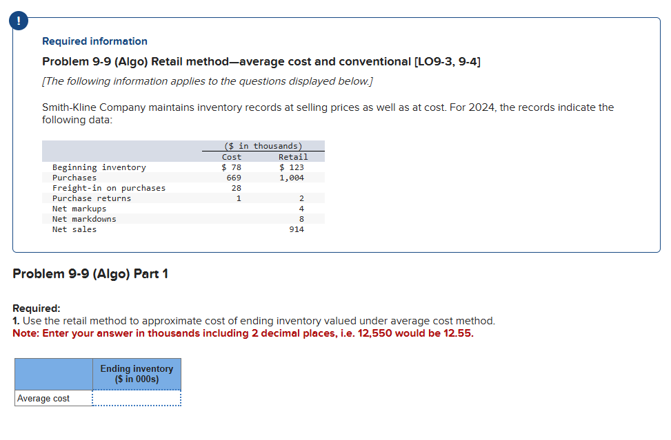 Required information Problem 9 - 9 ( Algo )