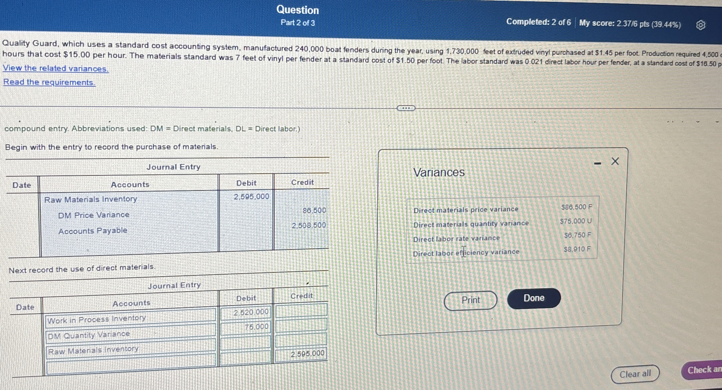 Question Part 2 of 3 Completed: 2 of 6 My score: