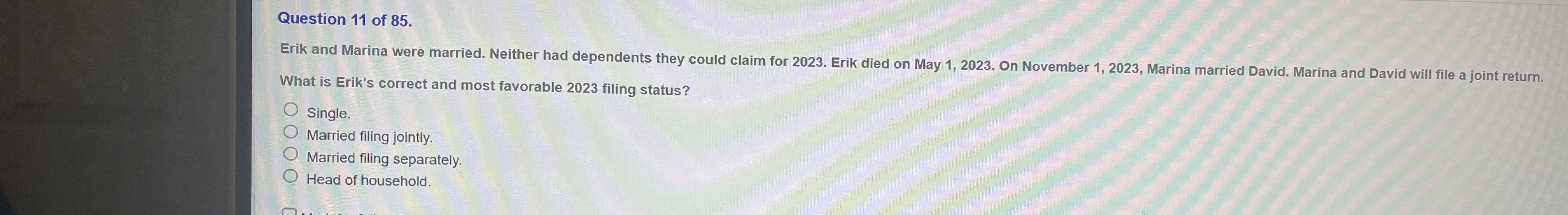 Question 1 1 of 8 5 . Erik and Marina were