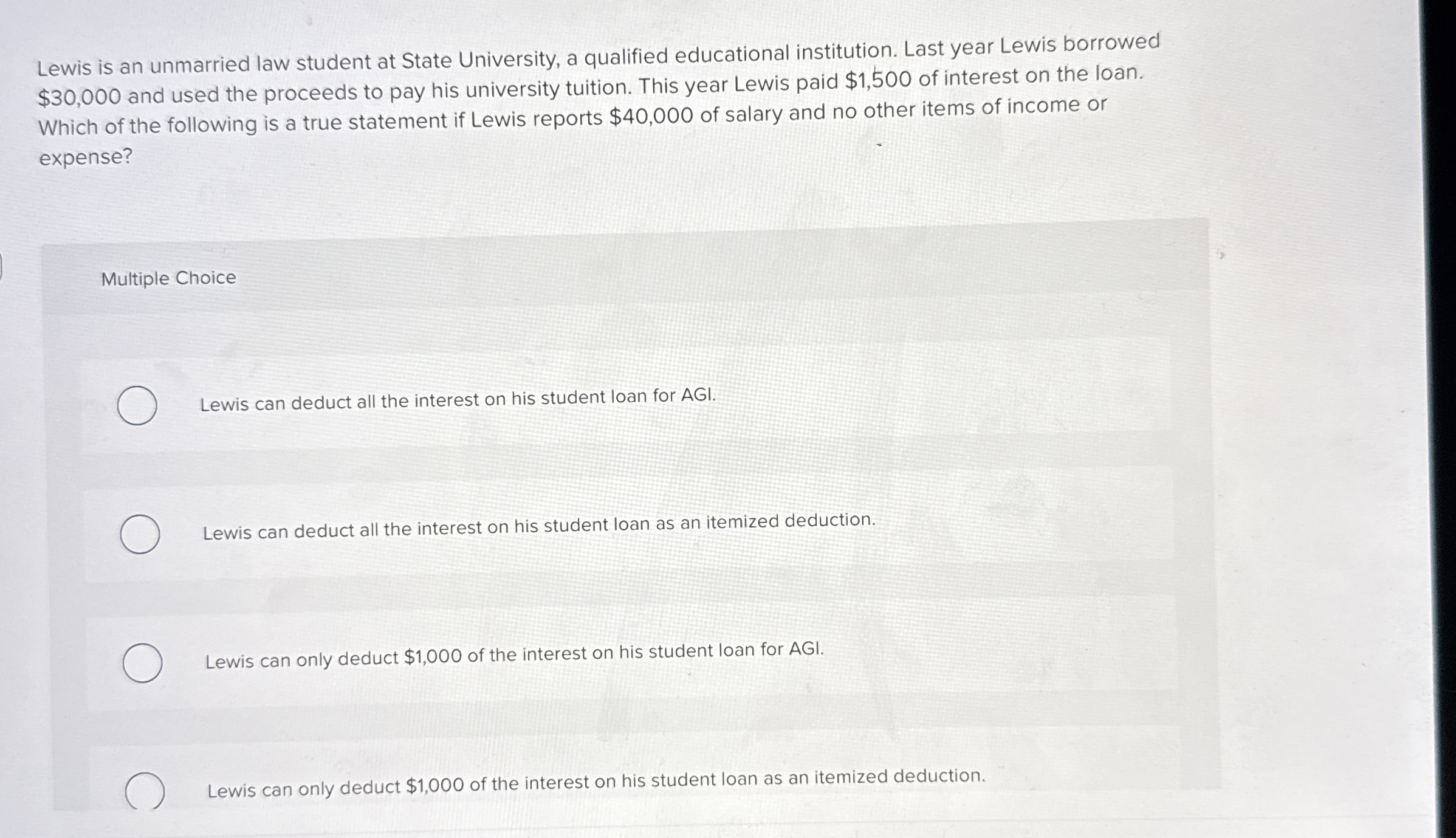 Lewis is an unmarried law student at State