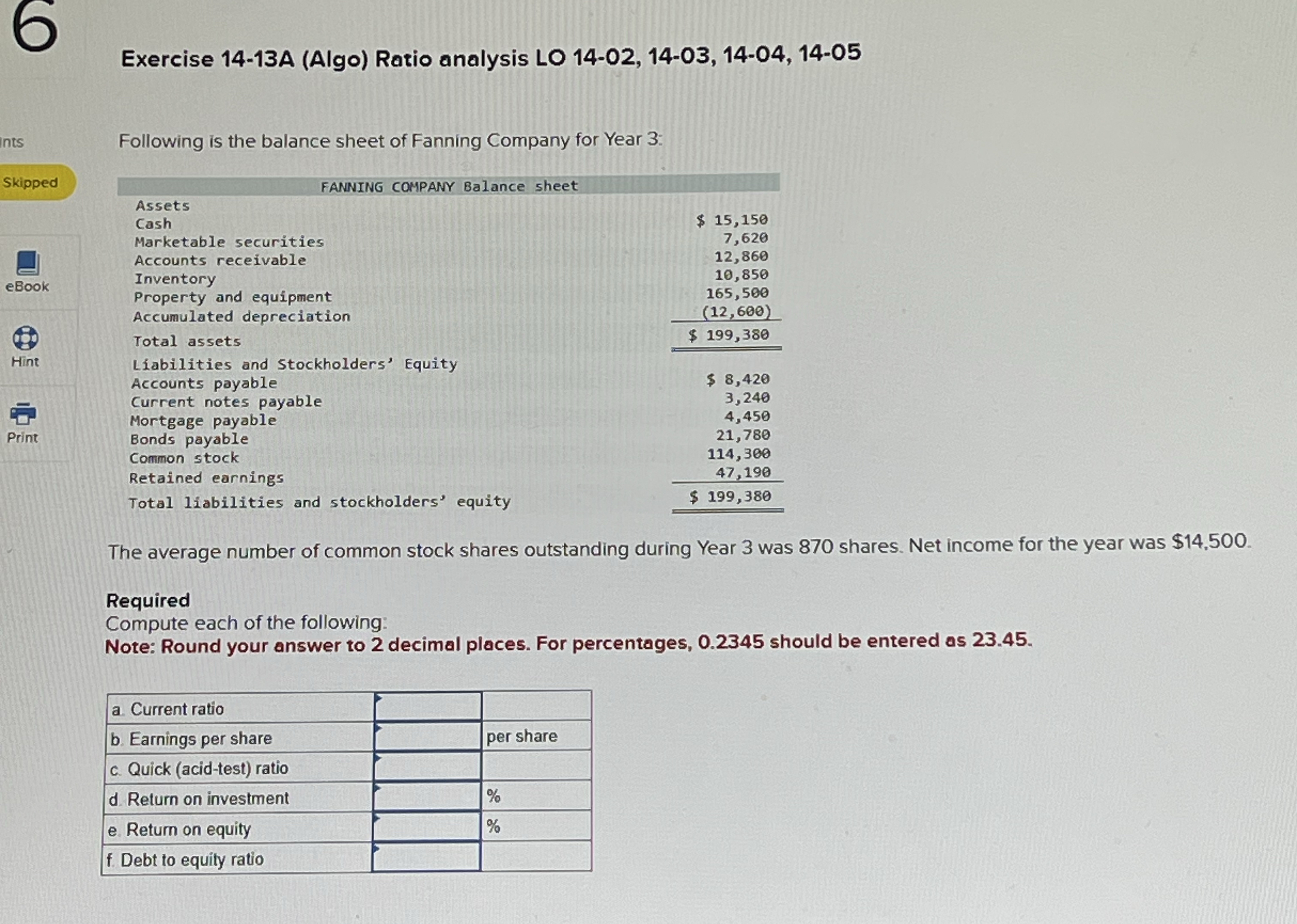 Exercise 1 4 - 1 3 A ( Algo ) Ratio analysis LO 1
