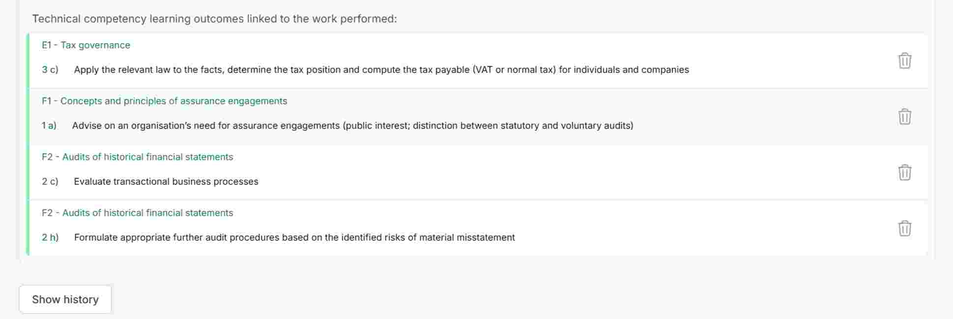 Technical competency learning outcomes linked to