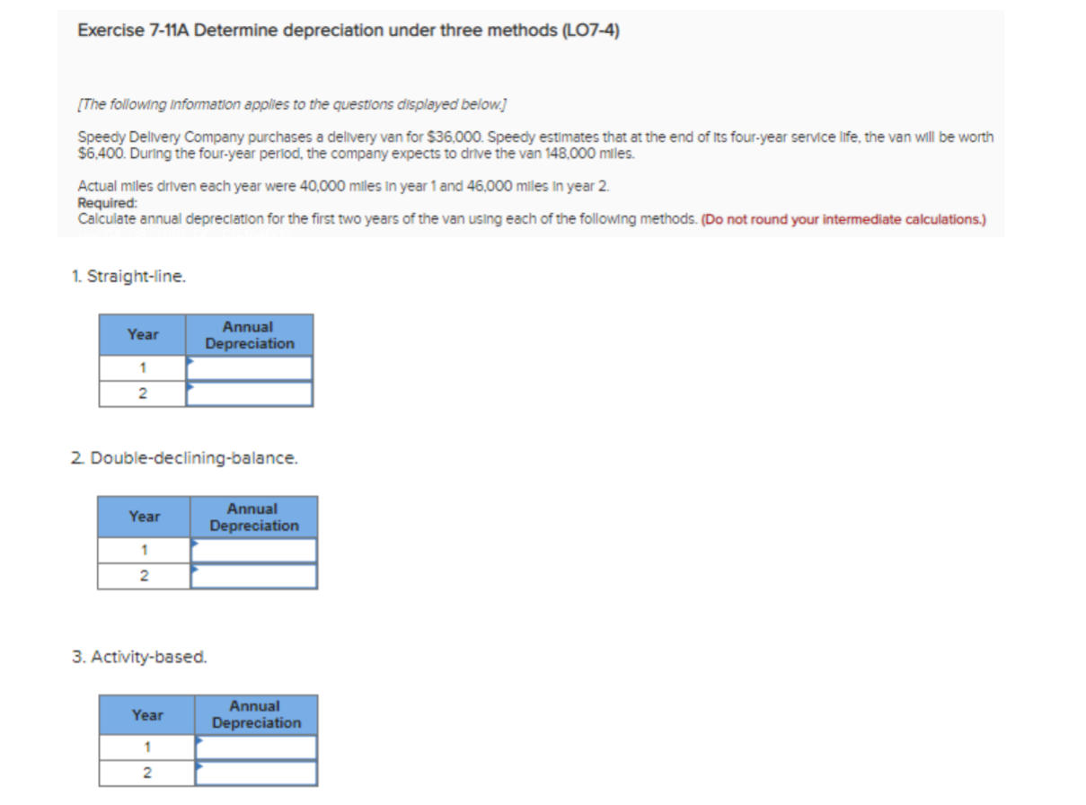 Exercise 7 - 1 1 A Determine depreciation under