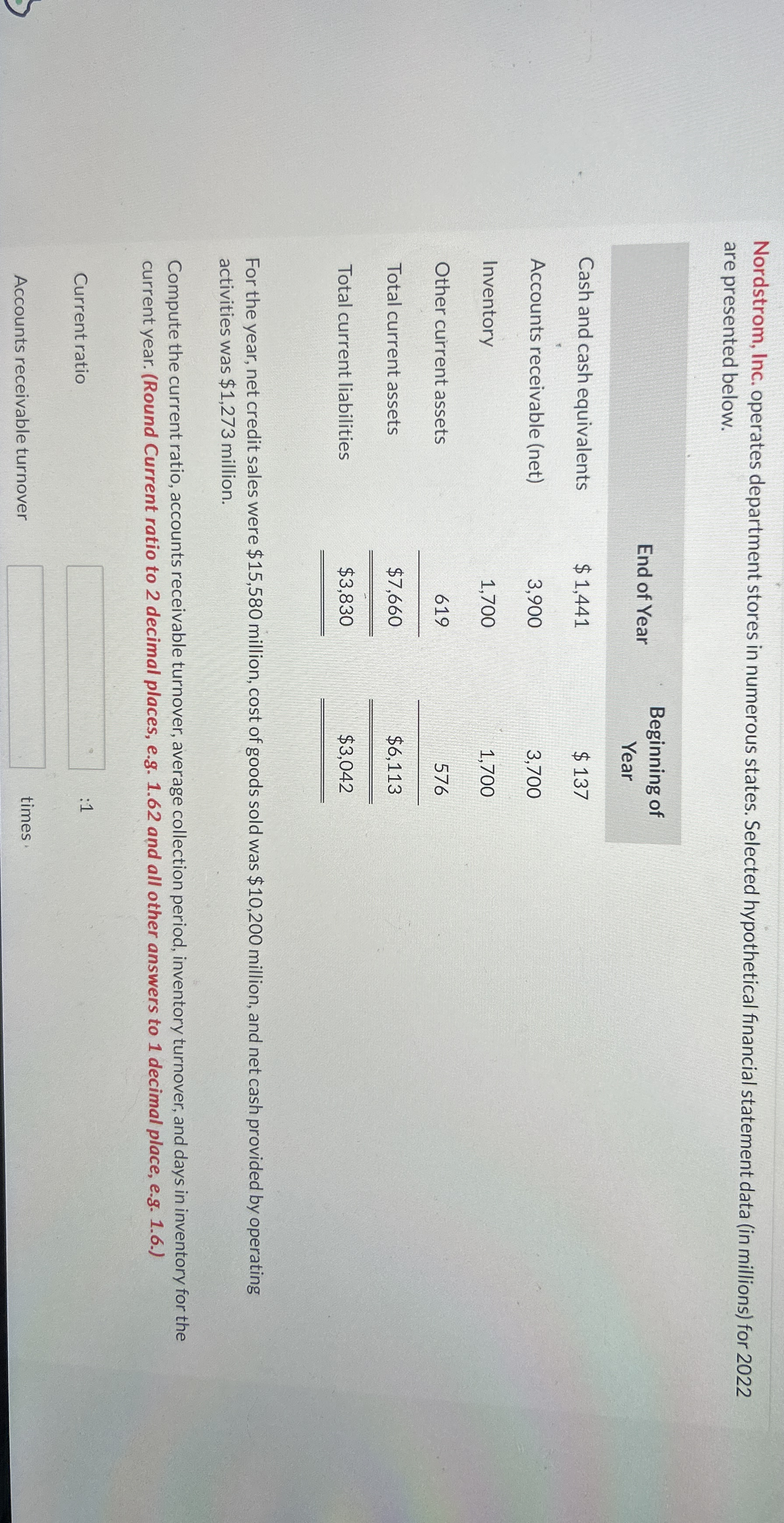 Current ratio : 1 Accounts recievable turnover: