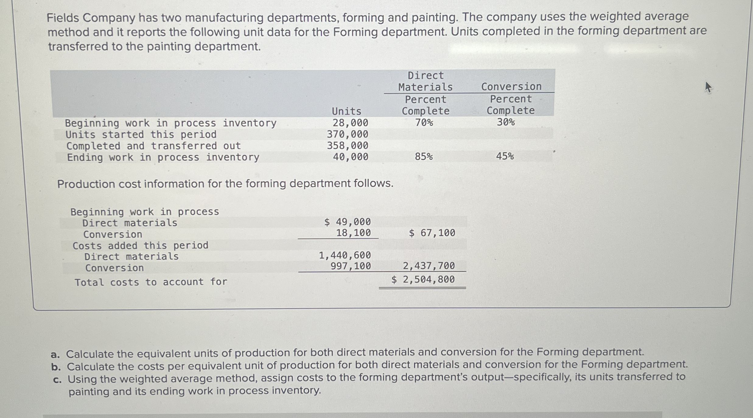Fields Company has two manufacturing departments,