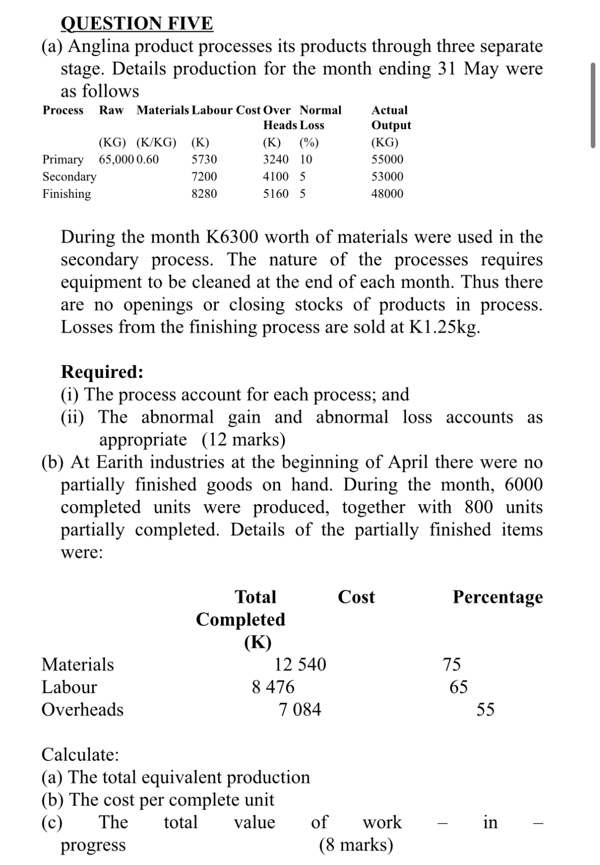 QUESTION FIVE ( a ) Anglina product processes its