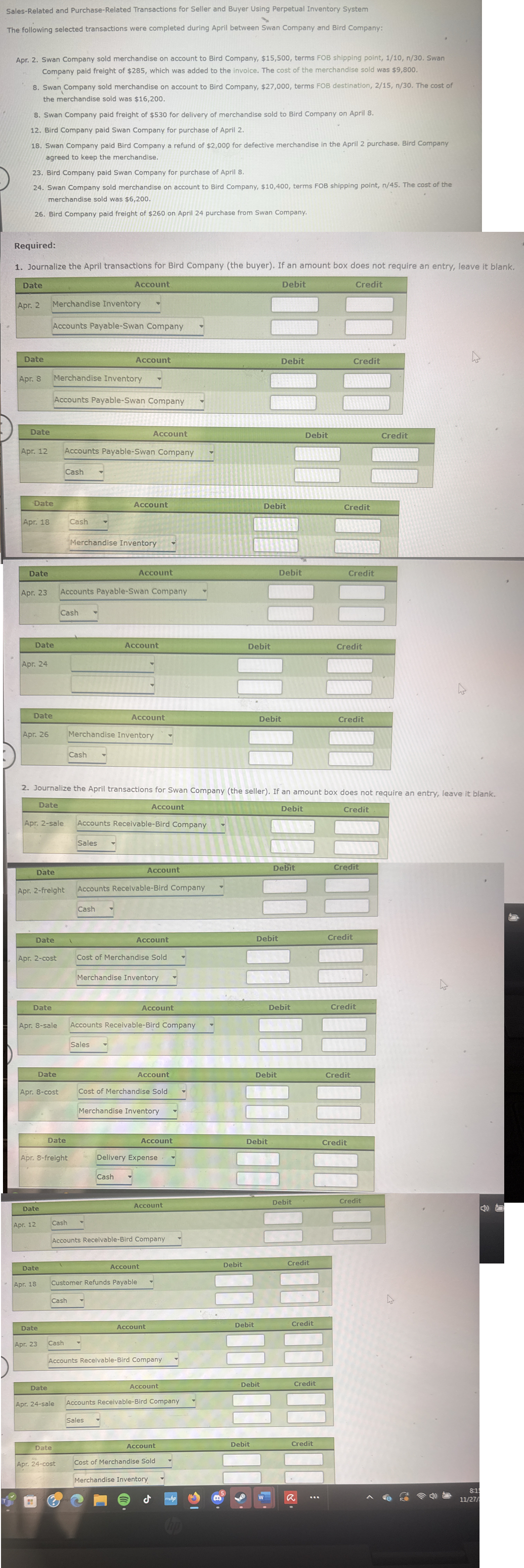 Fill out the debit and credit please