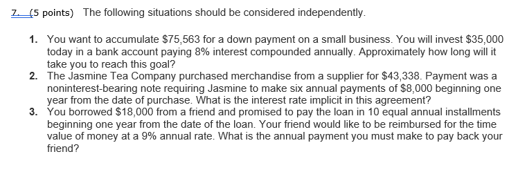 Z . ( 5 points ) The following situations should