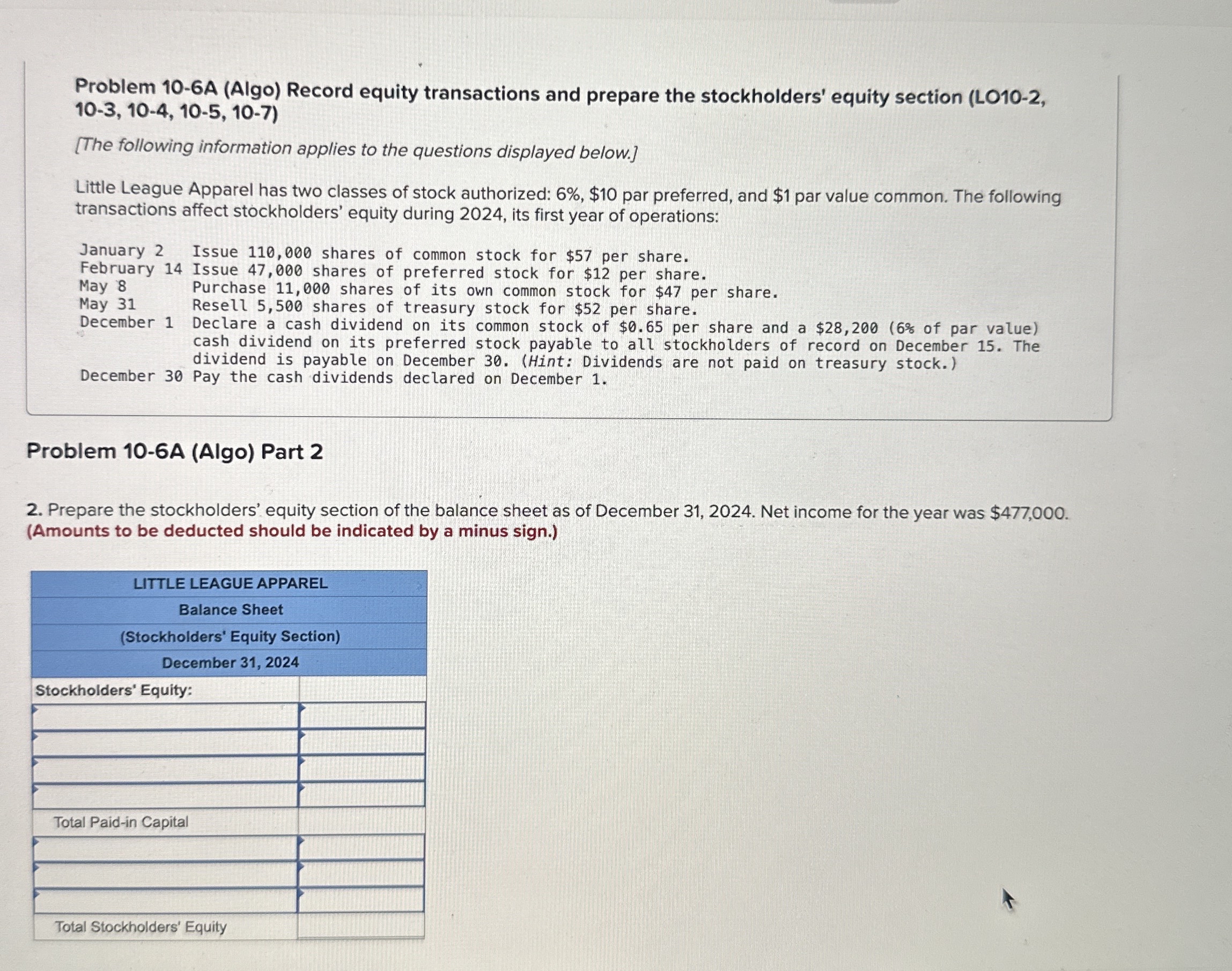 Problem 1 0 - 6 A ( Algo ) Record equity