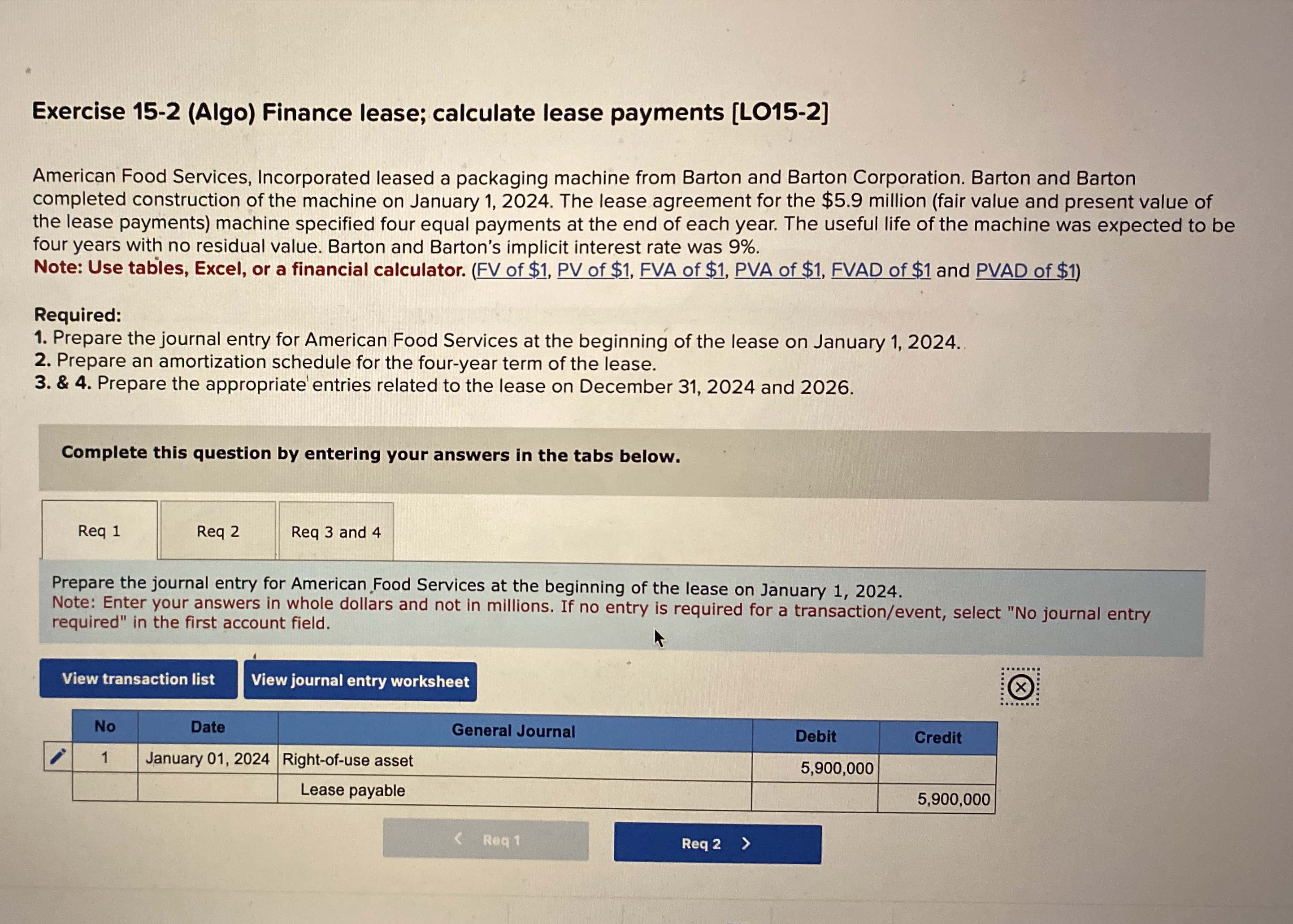 Exercise 1 5 - 2 ( Algo ) Finance lease;