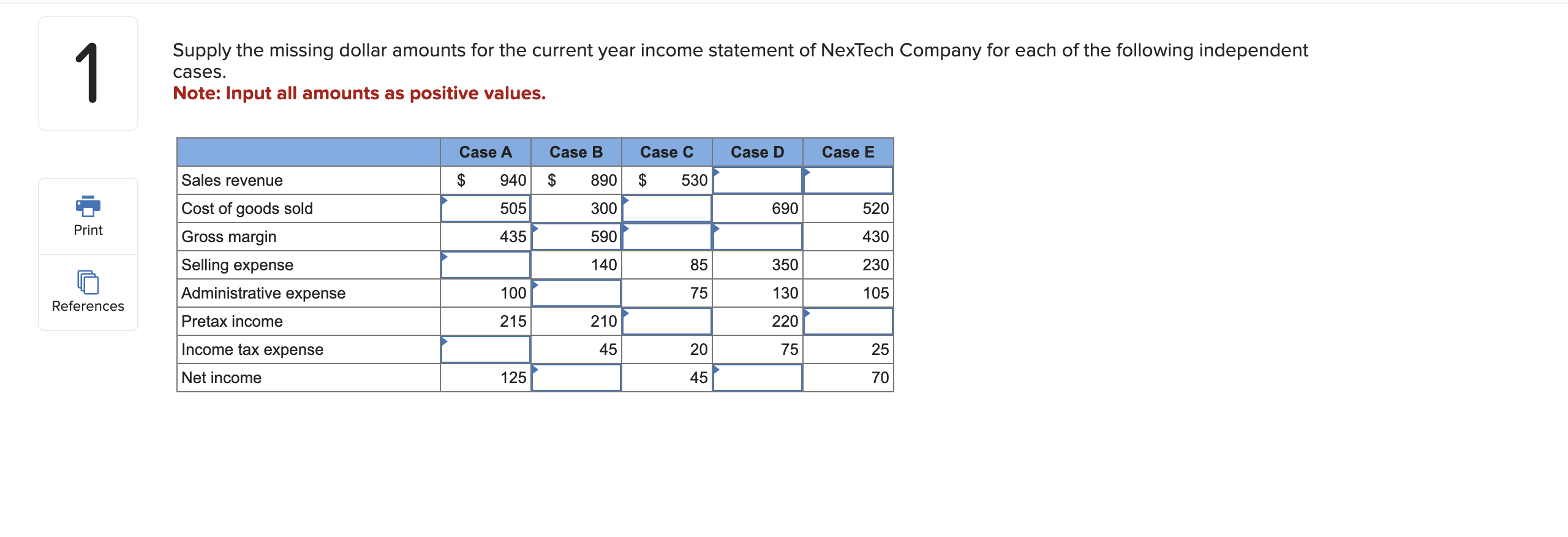 Supply the missing dollar amounts for the current
