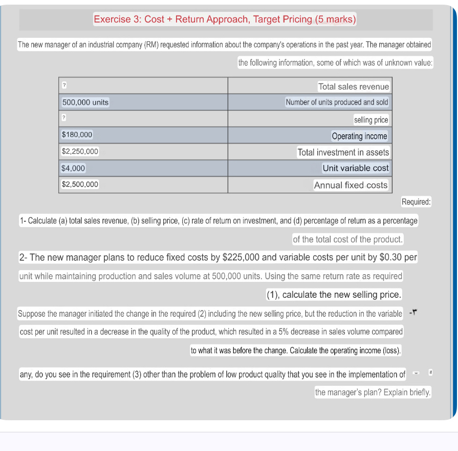 Exercise 3 : Cost + Return Approach, Target