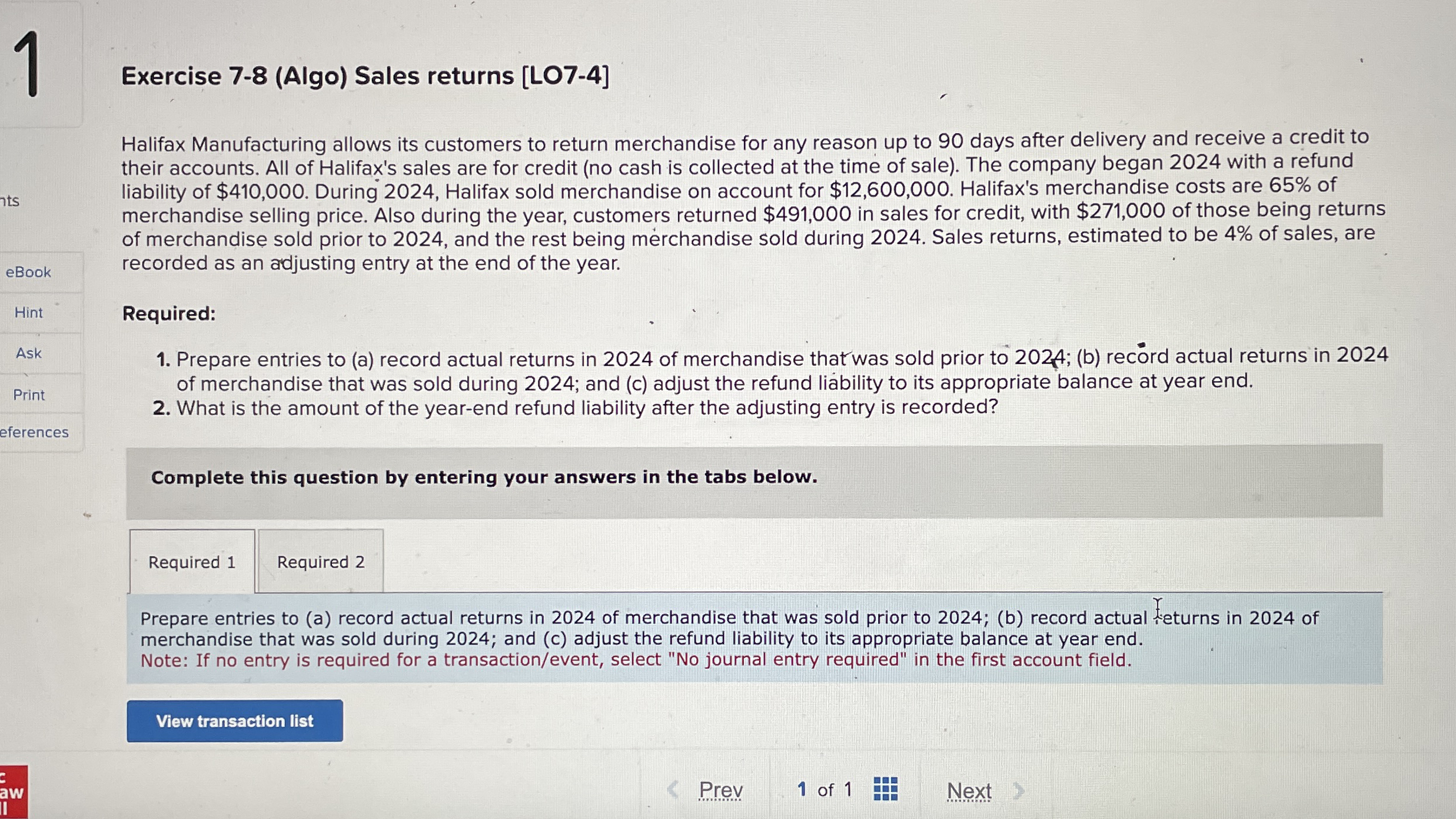 1 Exercise 7 - 8 ( Algo ) Sales returns [ LO 7 -