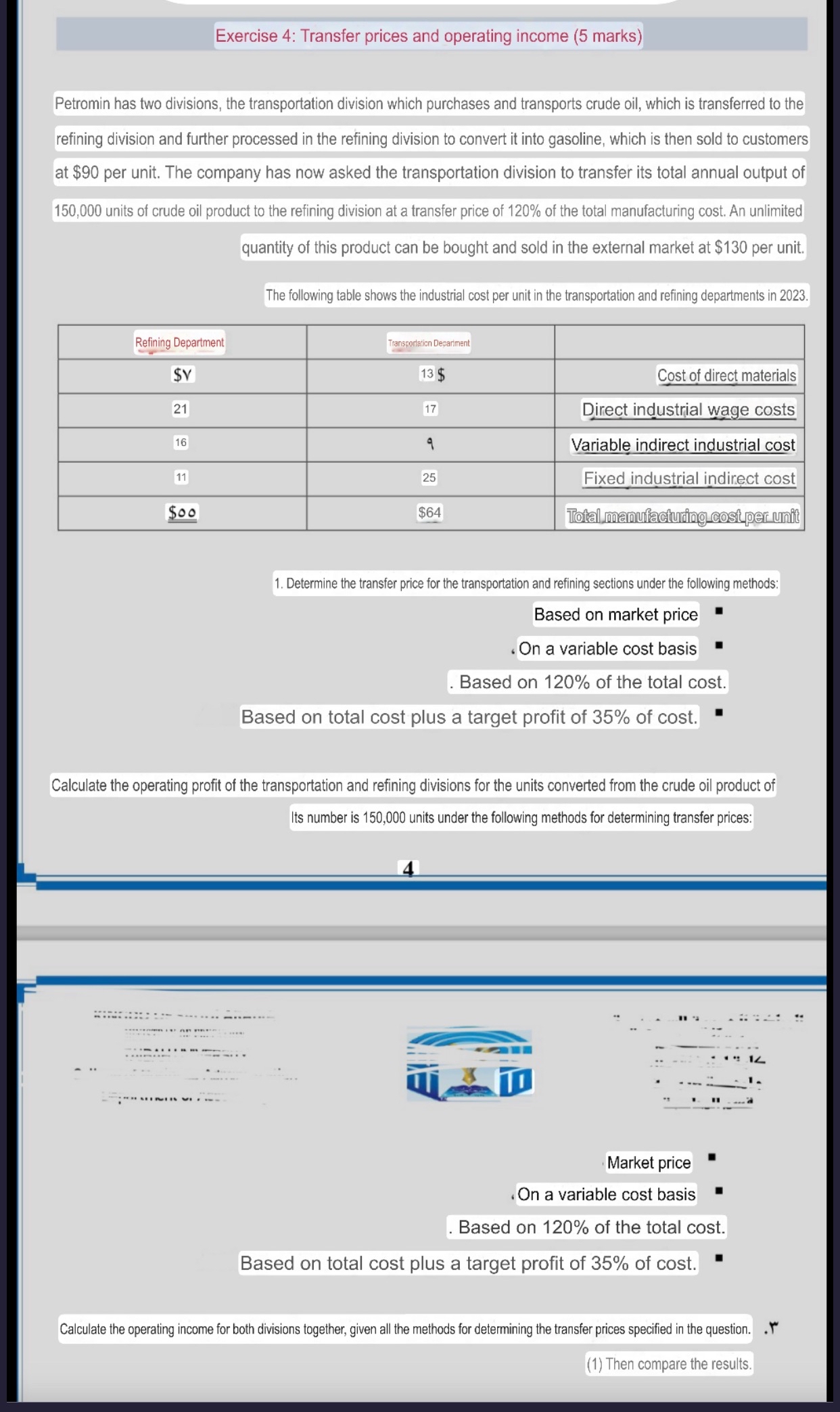 Exercise 4 : Transfer prices and operating income