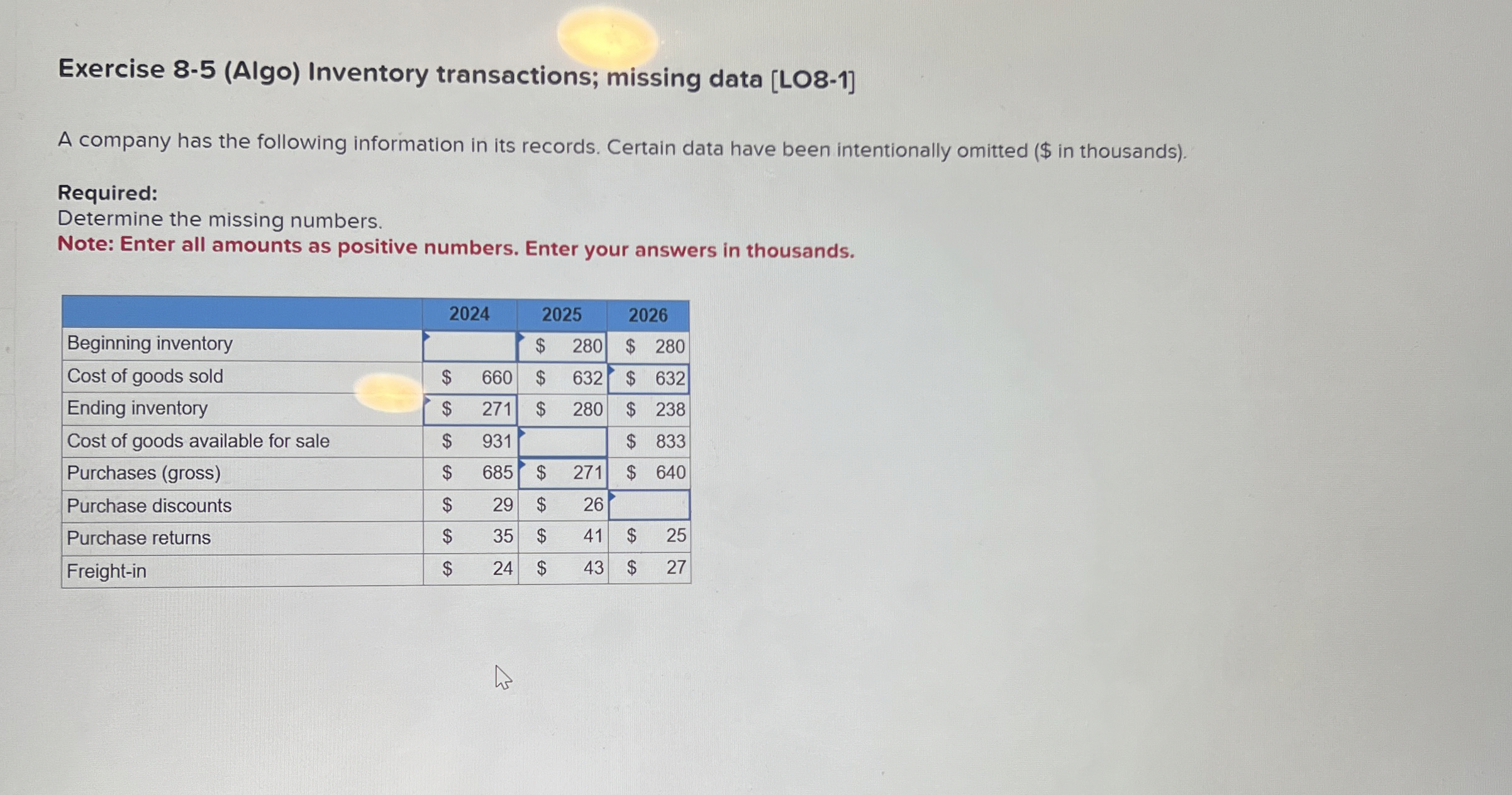Exercise 8 - 5 ( Algo ) Inventory transactions;