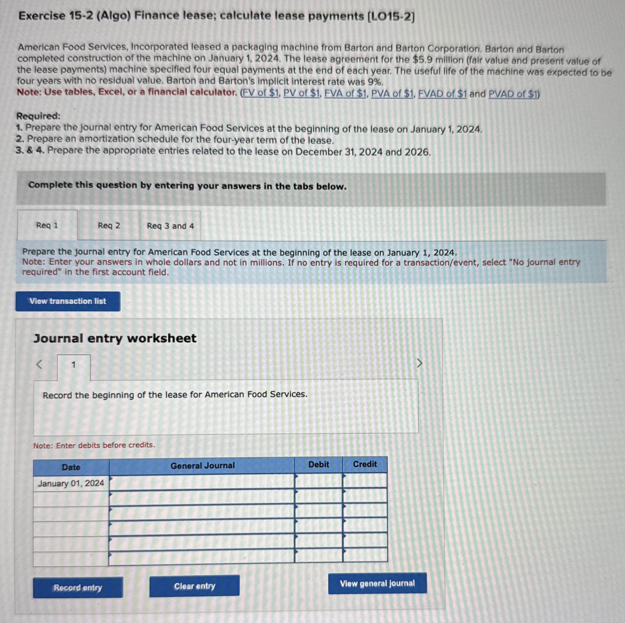 Exercise 1 5 - 2 ( Algo ) Finance lease;